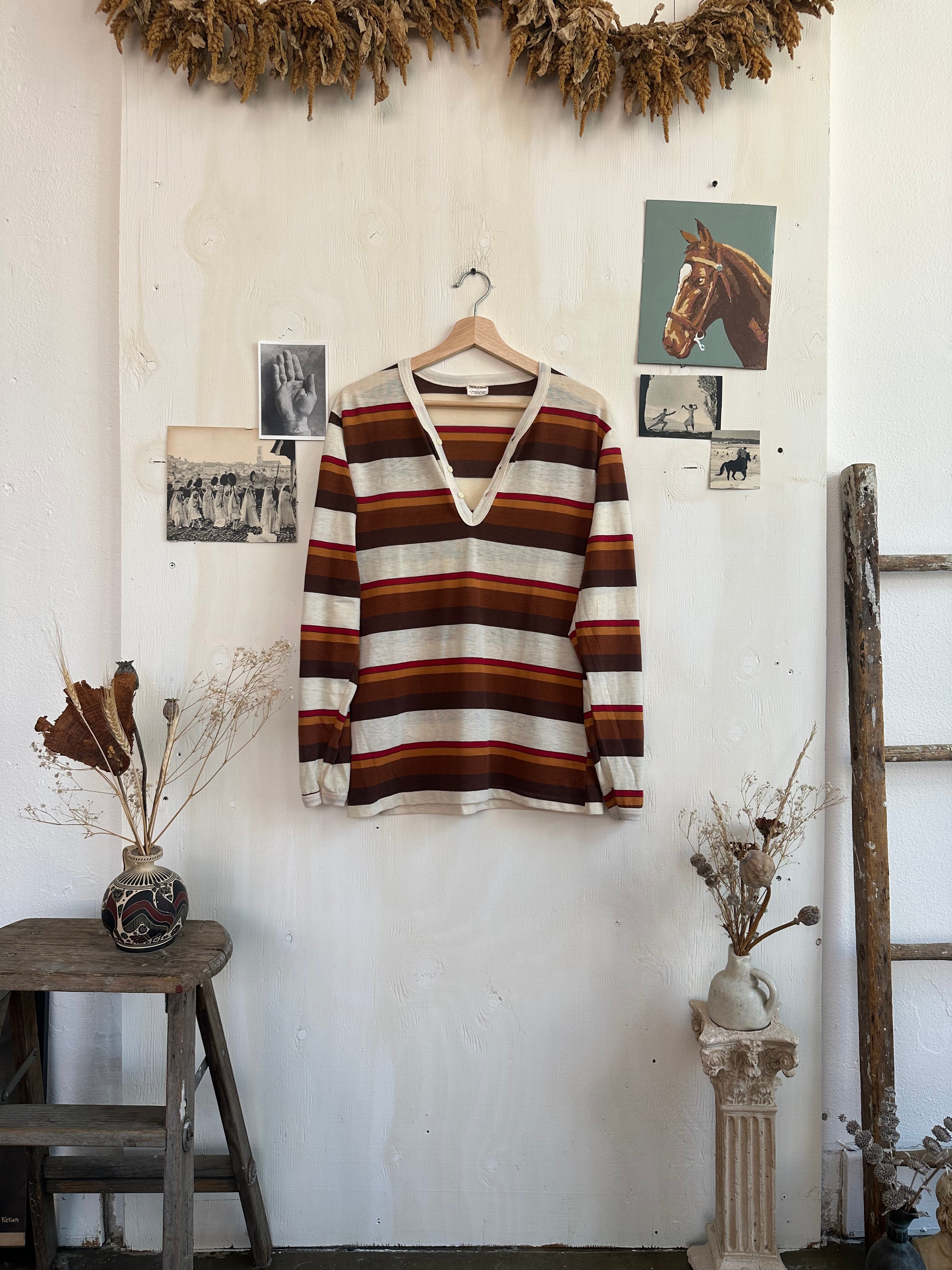 1970s Striped Long Sleeve Henley (L)