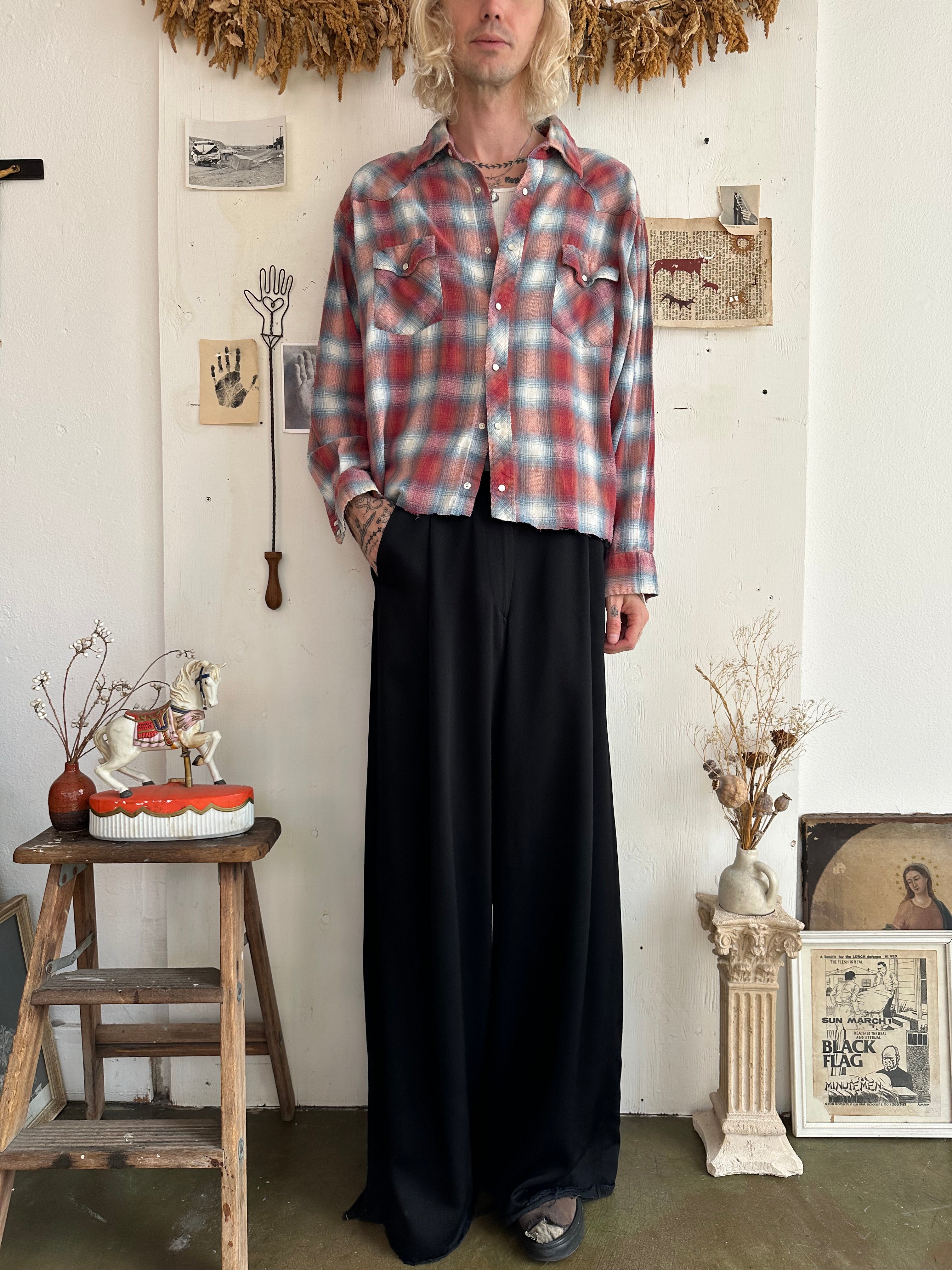 1990s Snap Button Shadow Plaid Western Shirt (Boxy L)