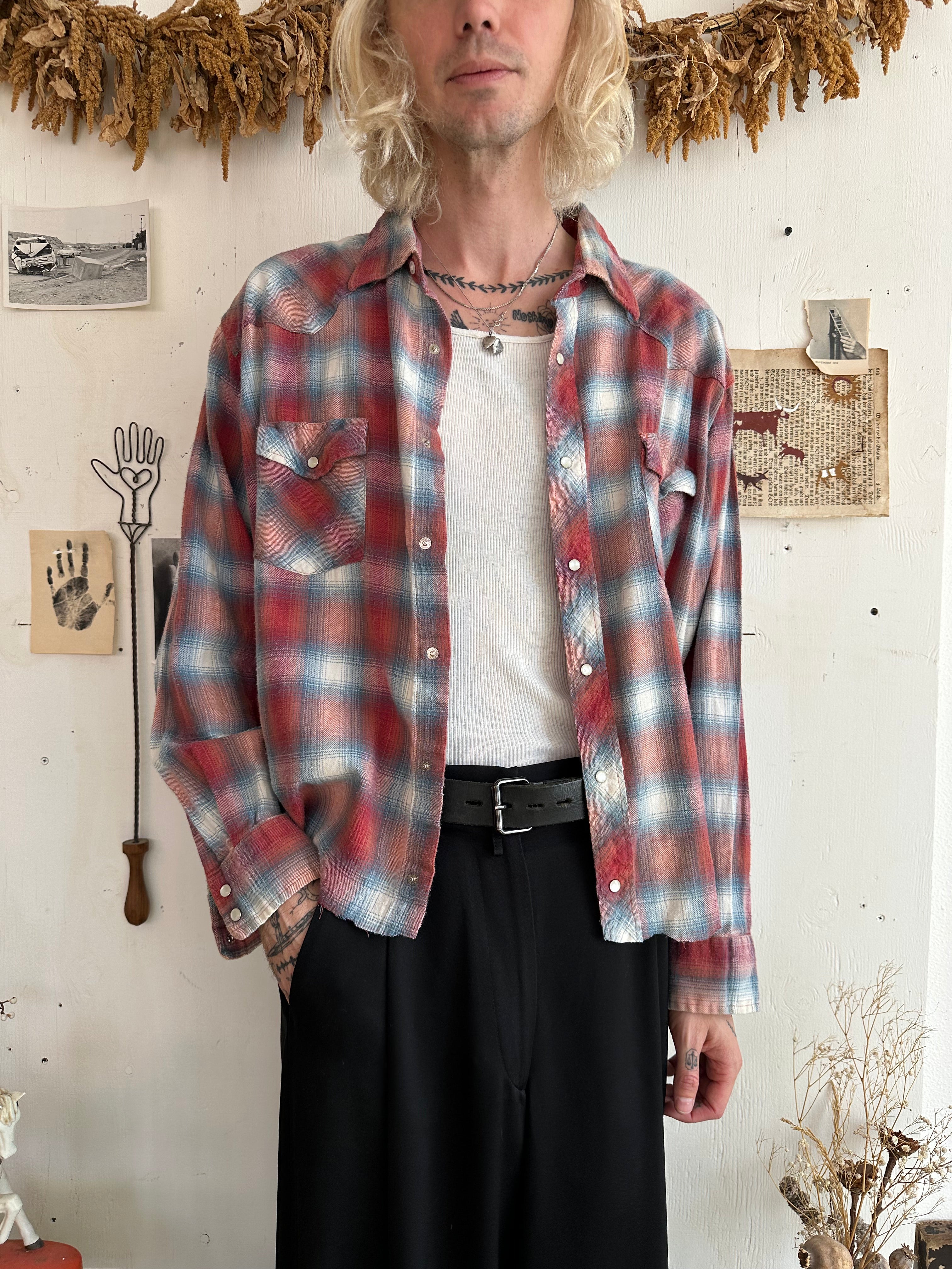 1990s Snap Button Shadow Plaid Western Shirt (Boxy L)