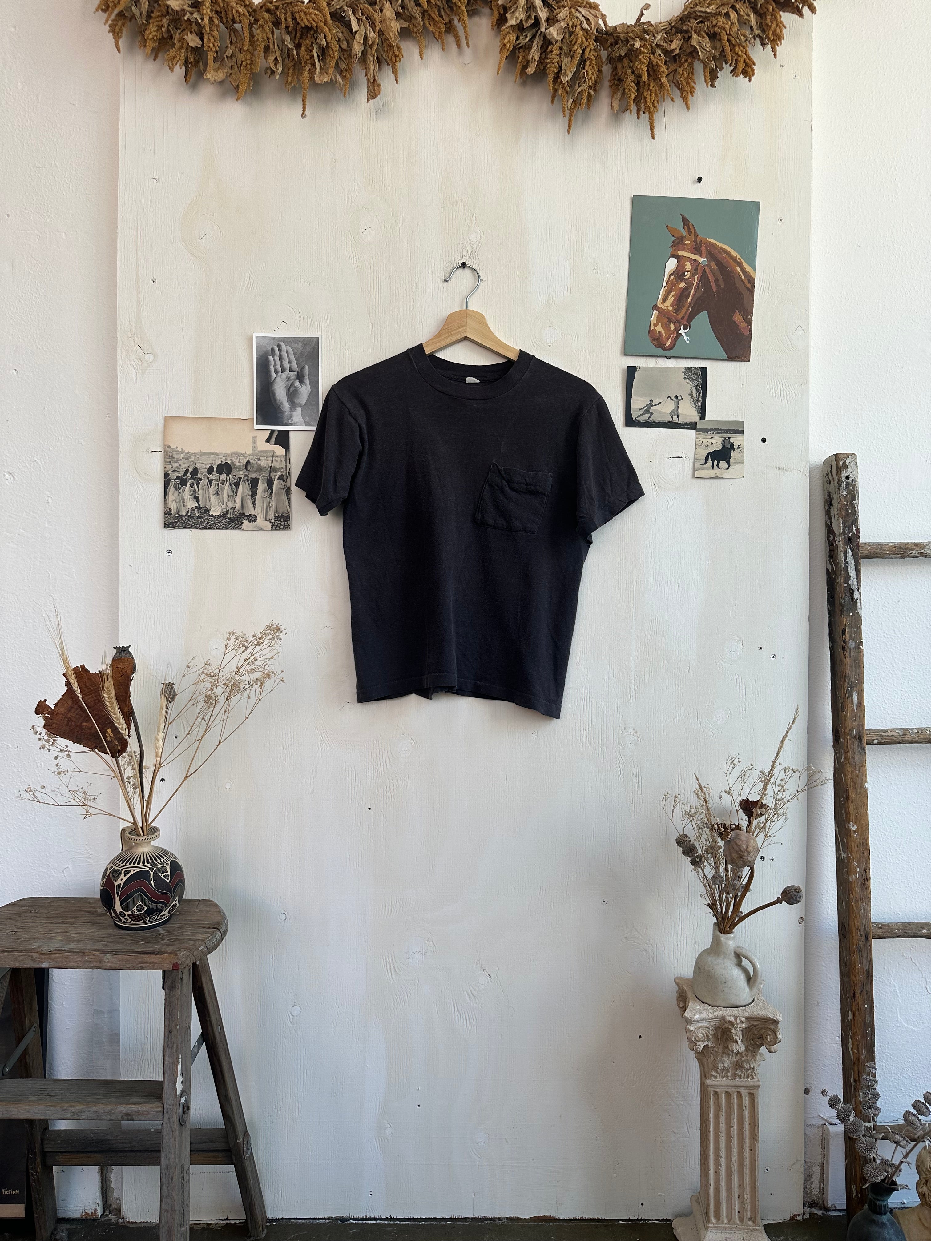 1970s Perfect Black Faded Pocket Tee (Boxy S)