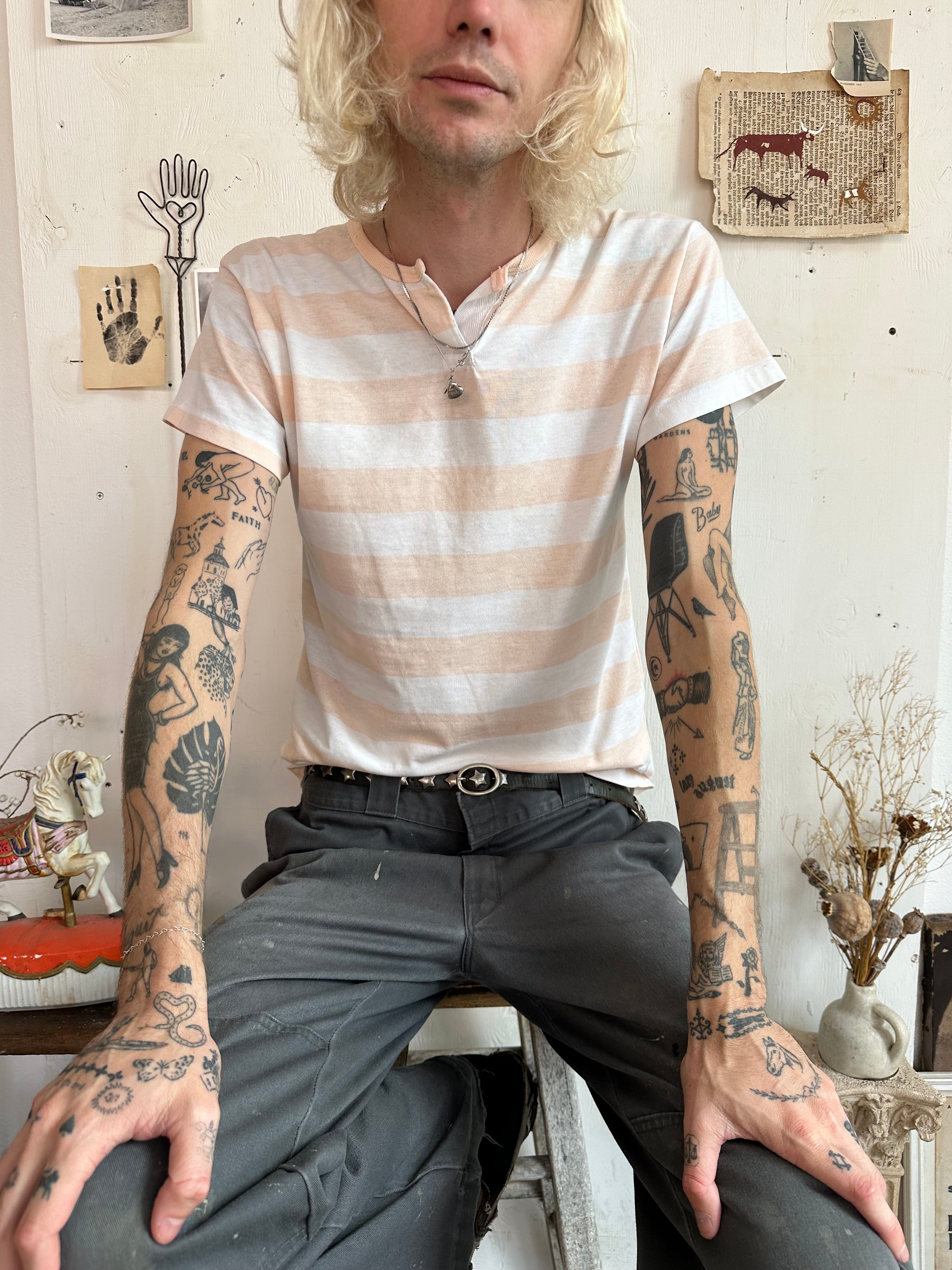 1980s Well Worn Striped Pink Henley (M)