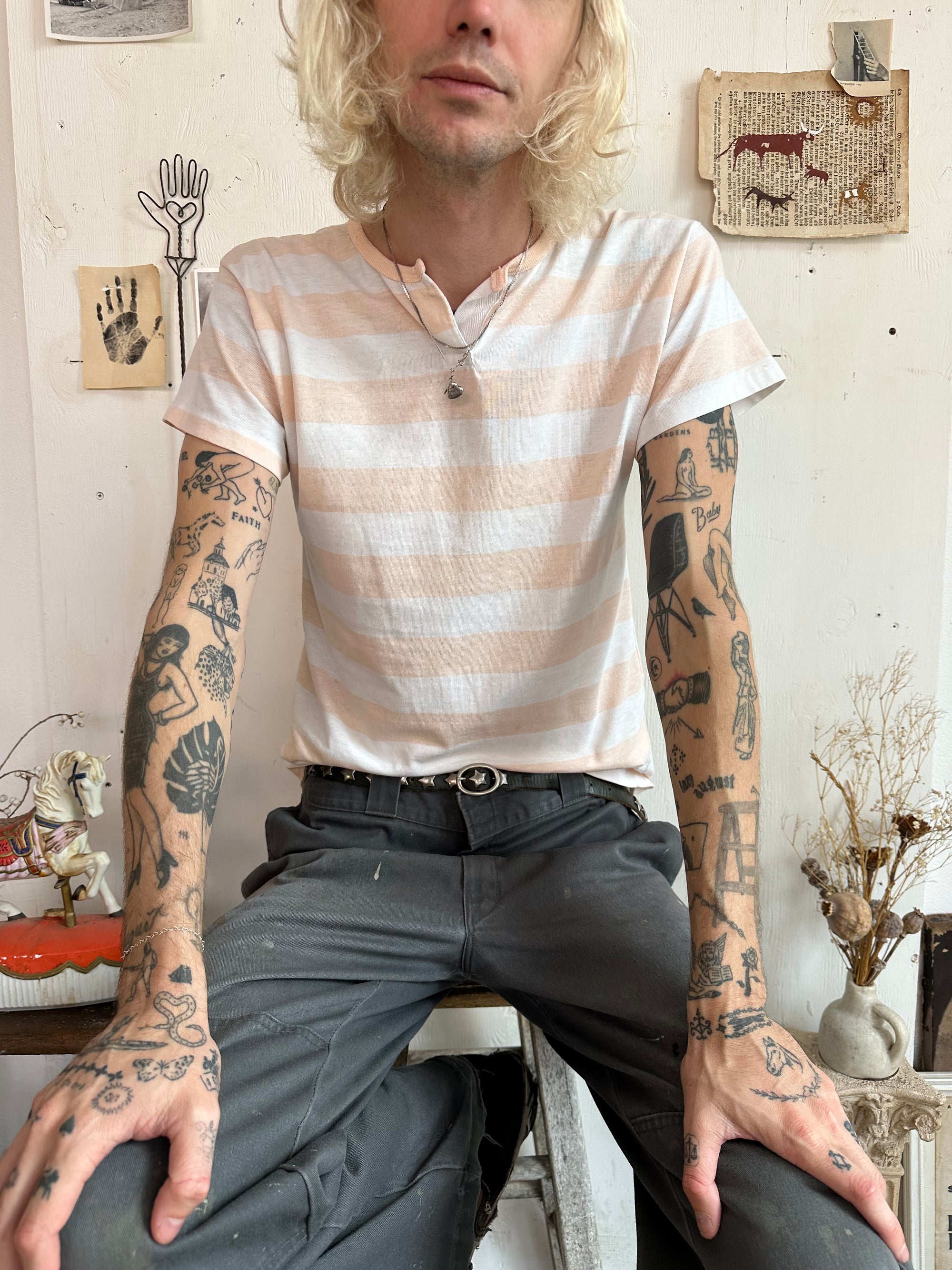 1980s Well Worn Striped Pink Henley (M)
