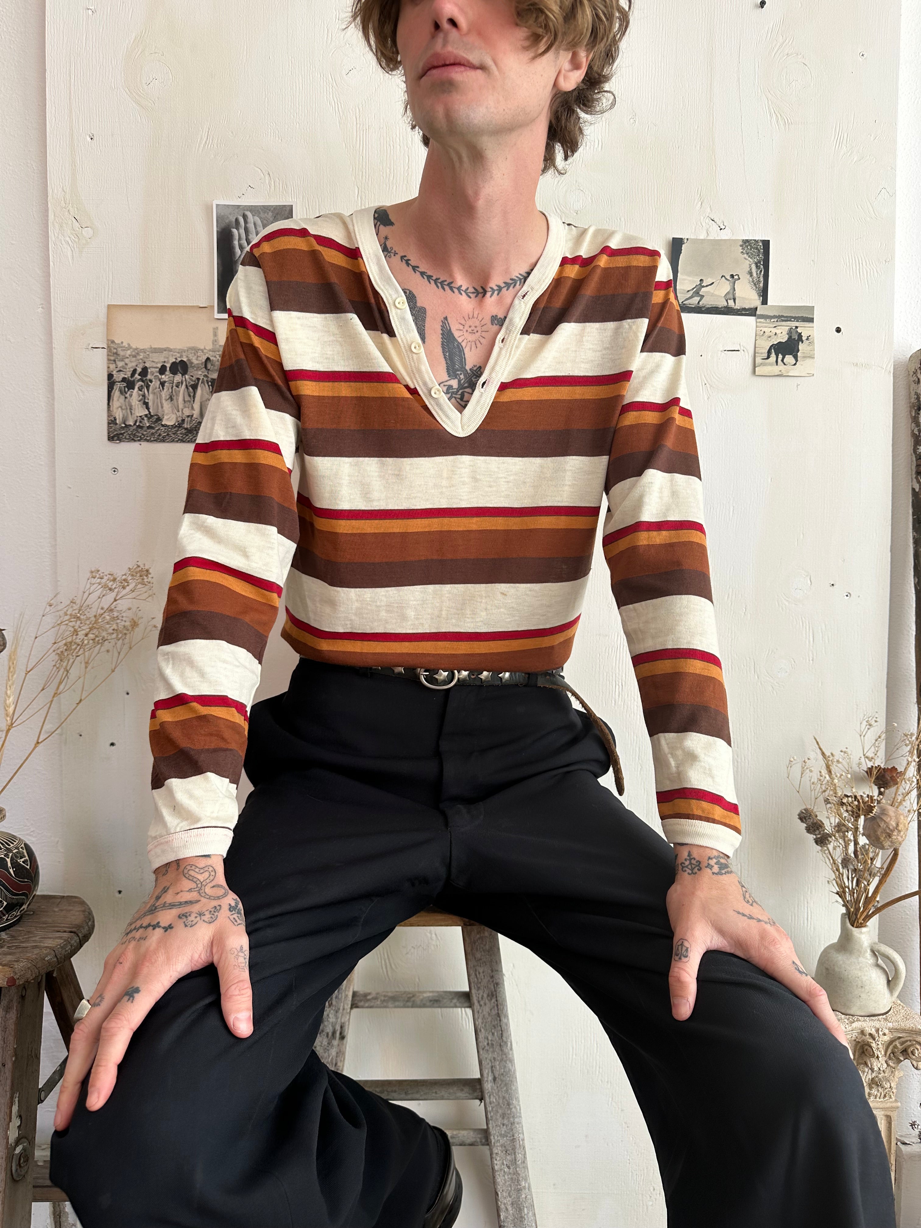 1970s Striped Long Sleeve Henley (L)