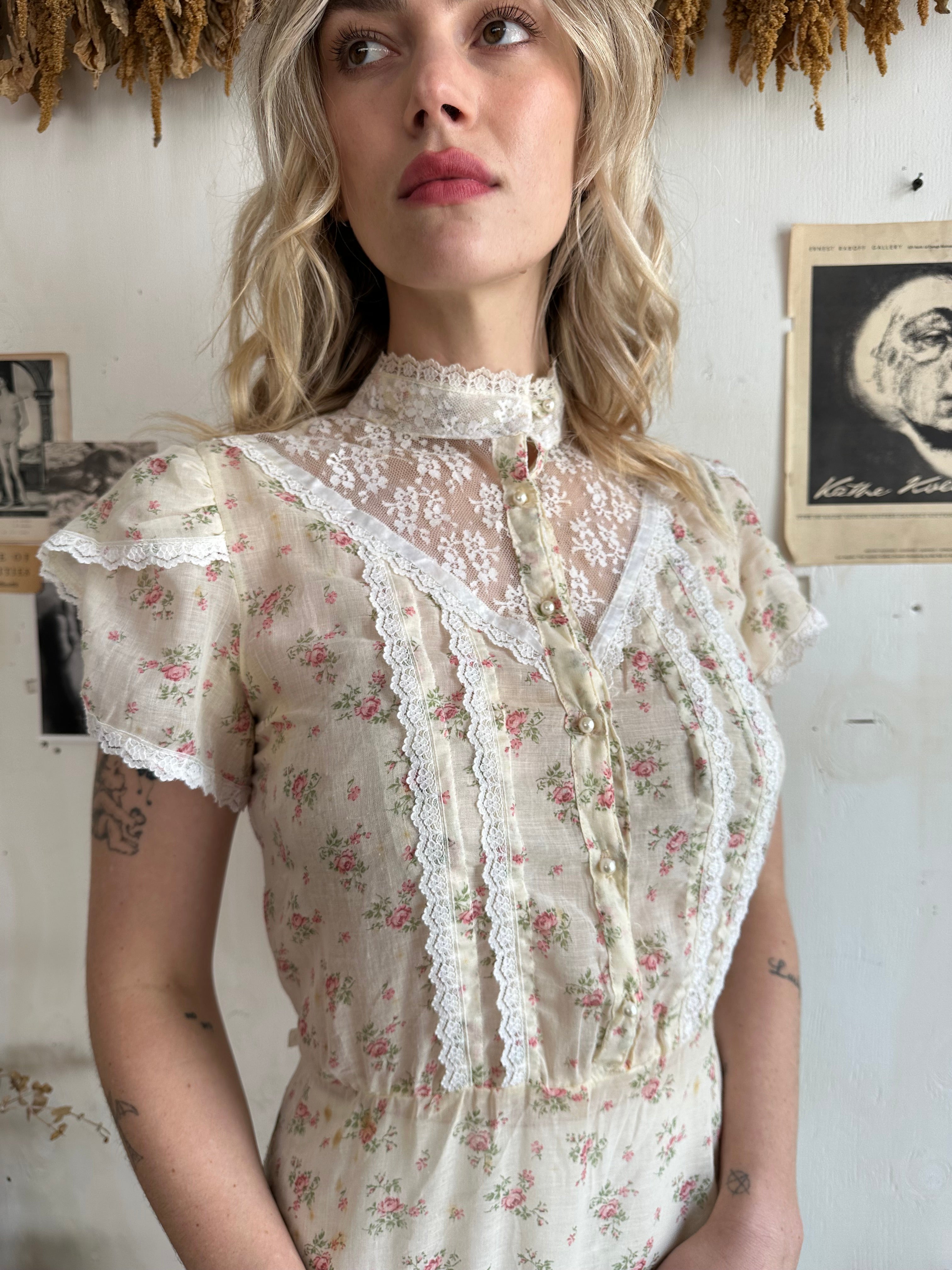 1970s Paper Thin Floral Prairie Dress (L)