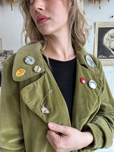 1970s Sun-Faded Velvet Green Trench-Coat with Pins