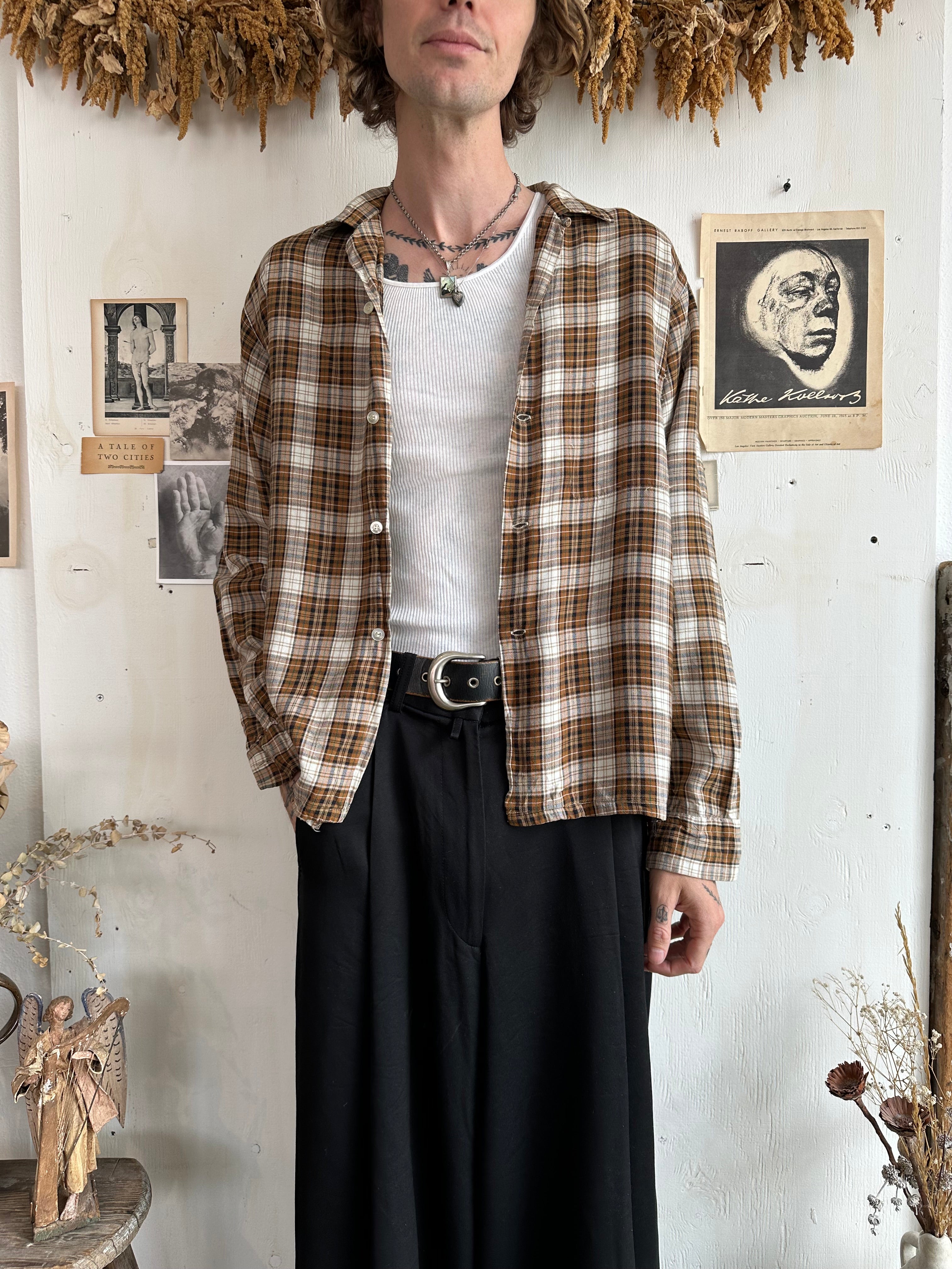 1960s Thrashed Rayon Plaid Camp-Collar shirt (Boxy L)