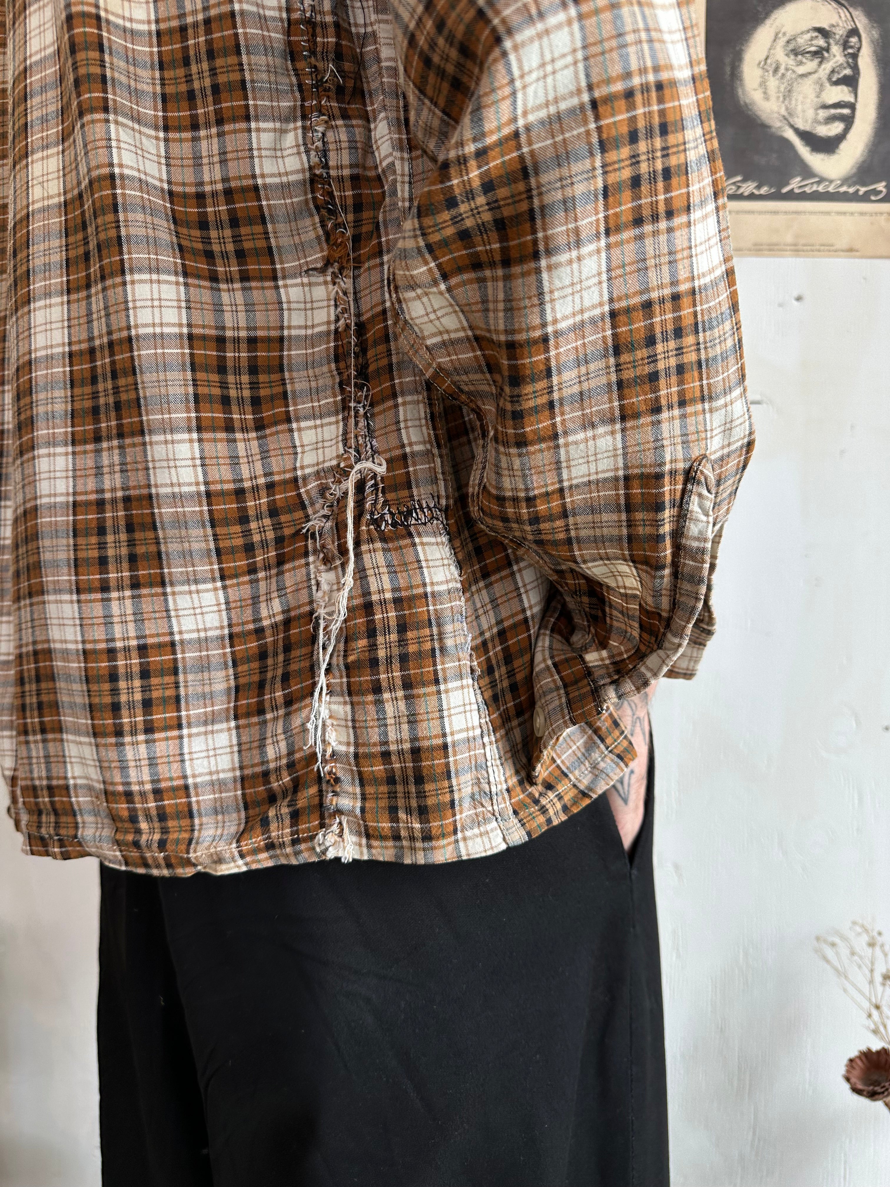 1960s Thrashed Rayon Plaid Camp-Collar shirt (Boxy L)