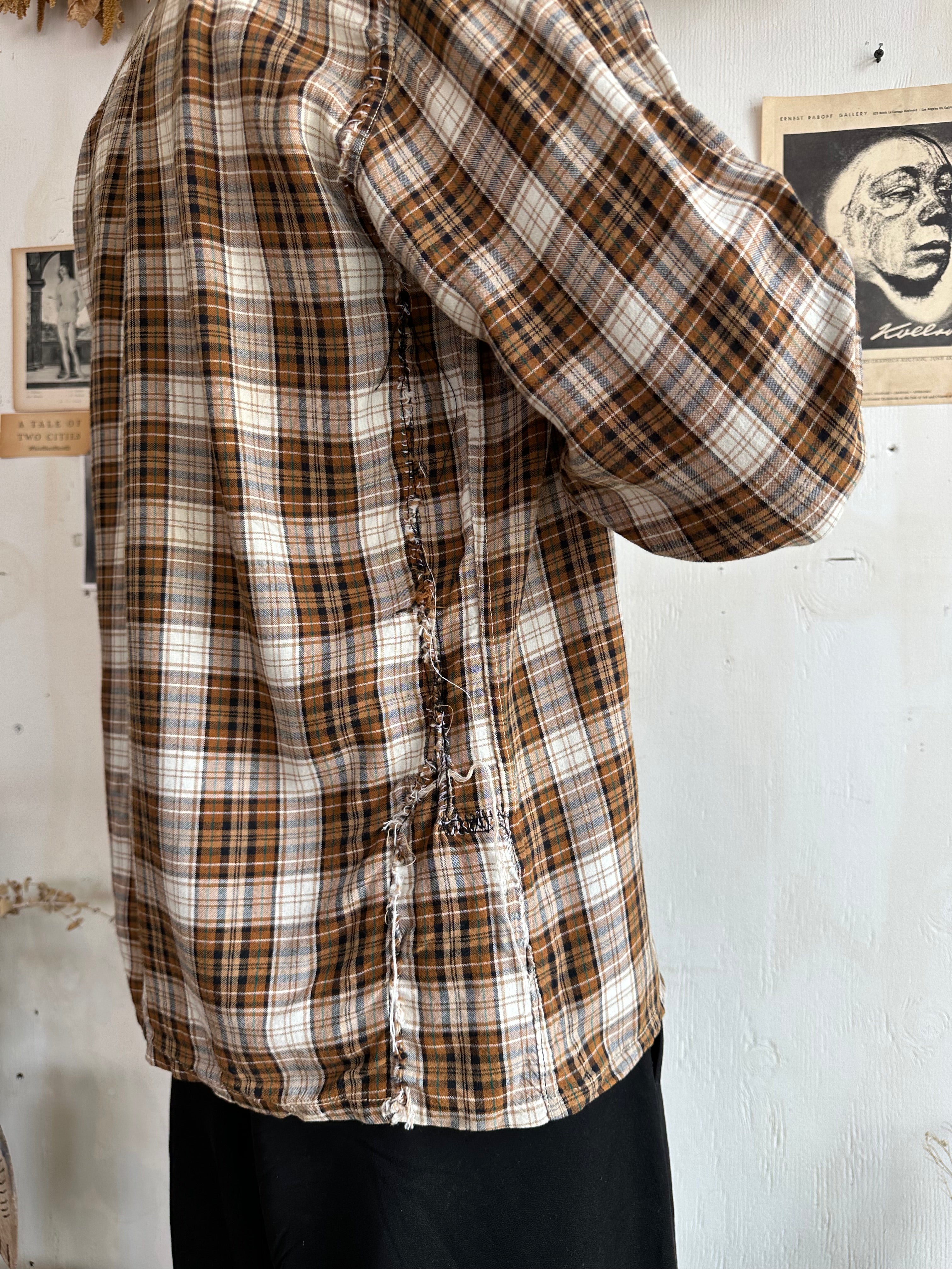 1960s Thrashed Rayon Plaid Camp-Collar shirt (Boxy L)