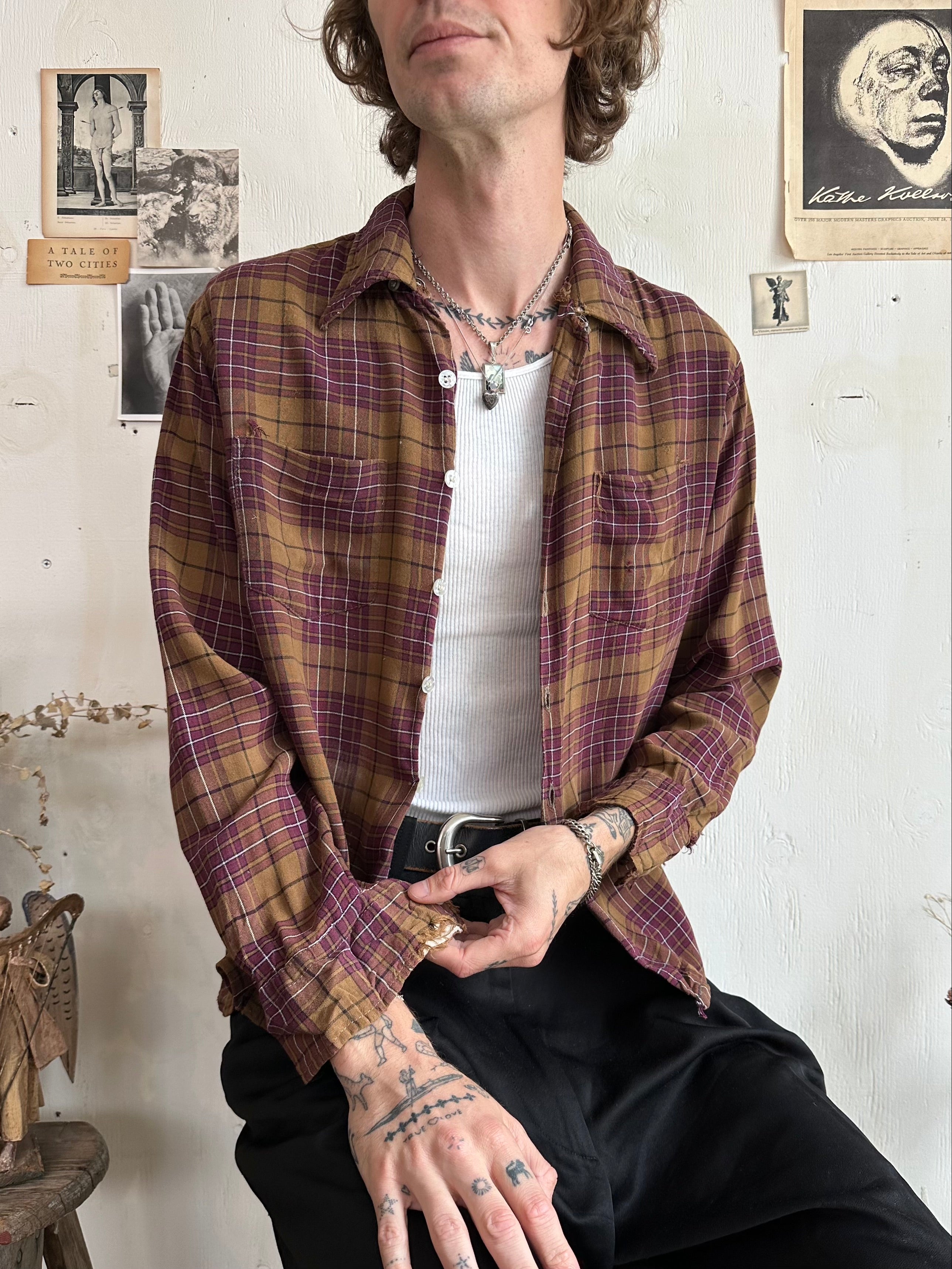 1970s Thrashed Rayon Plaid Shirt (Boxy M)