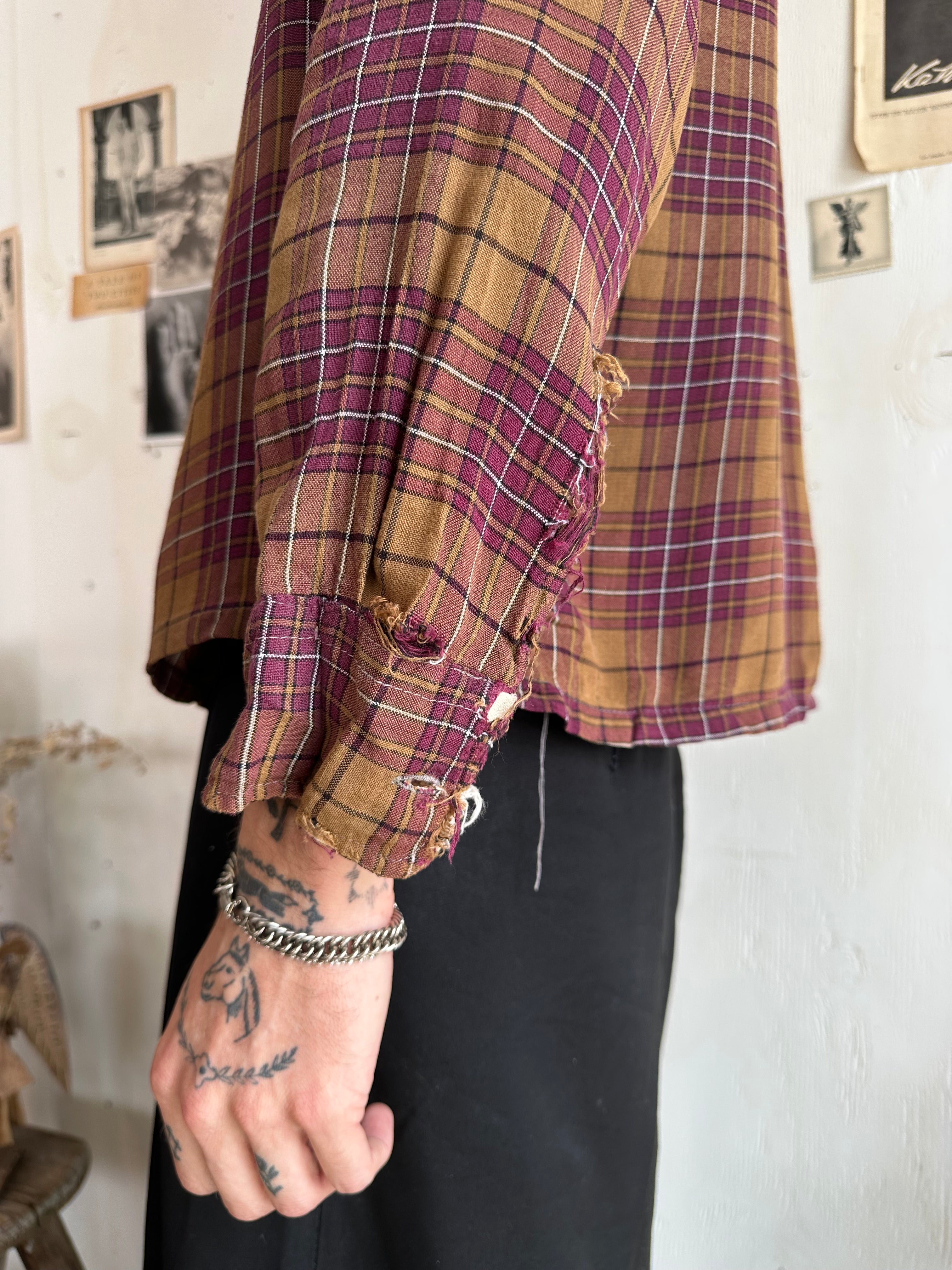 1970s Thrashed Rayon Plaid Shirt (Boxy M)