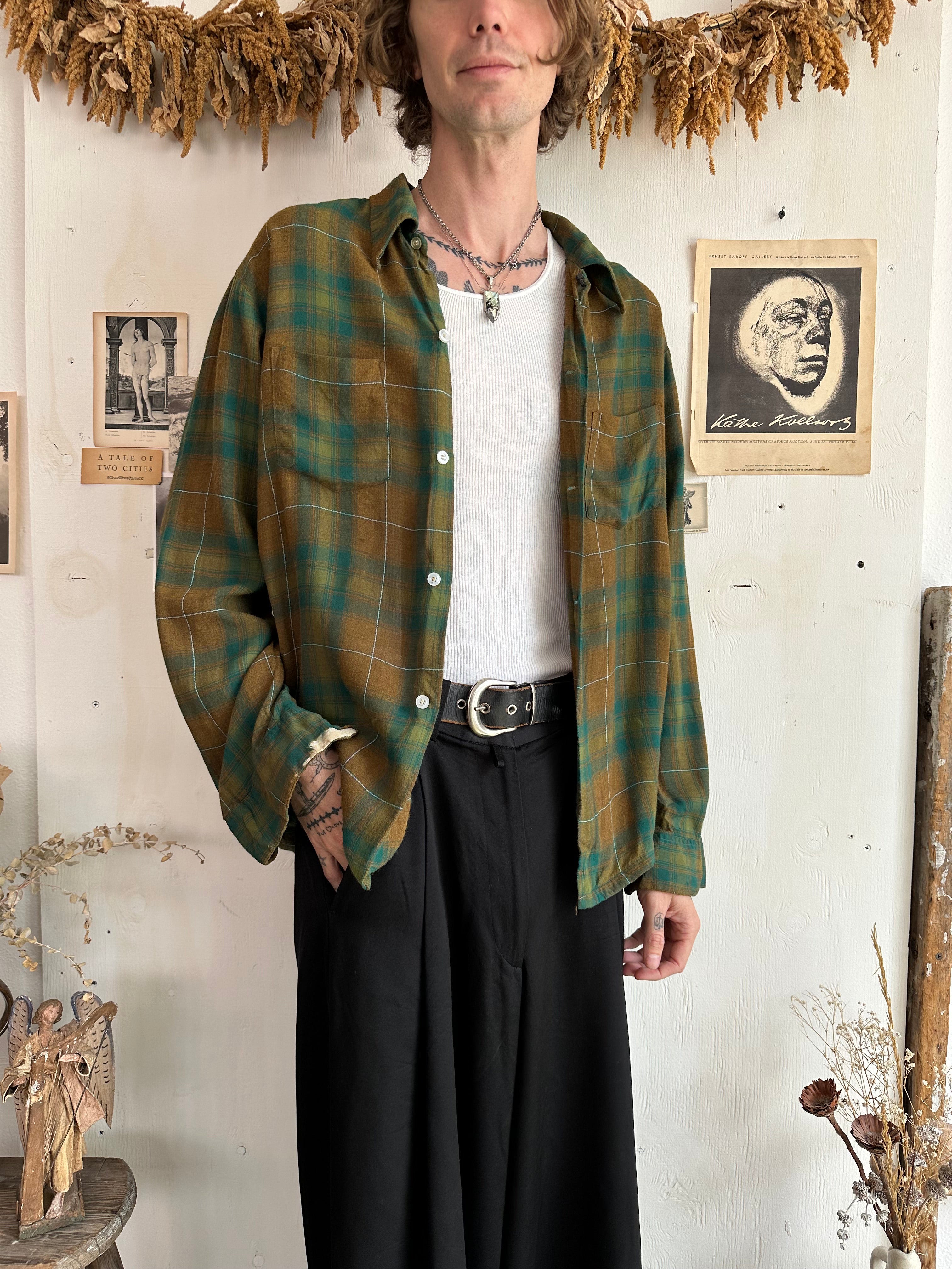 1970s Thrashed Camp-Collar Rayon Plaid Shirt (L/XL)