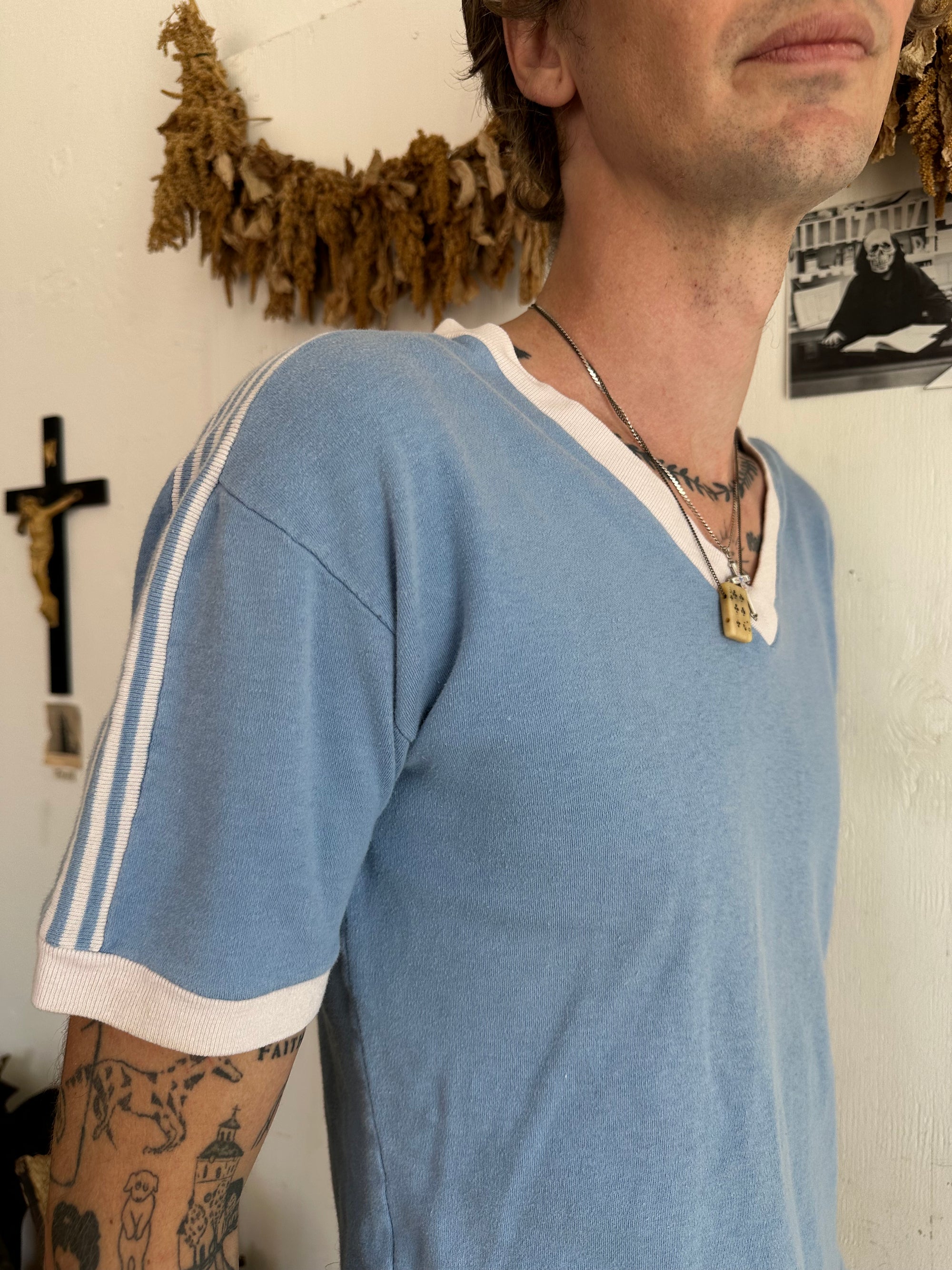 1970s Light Blue Athletic V-Neck