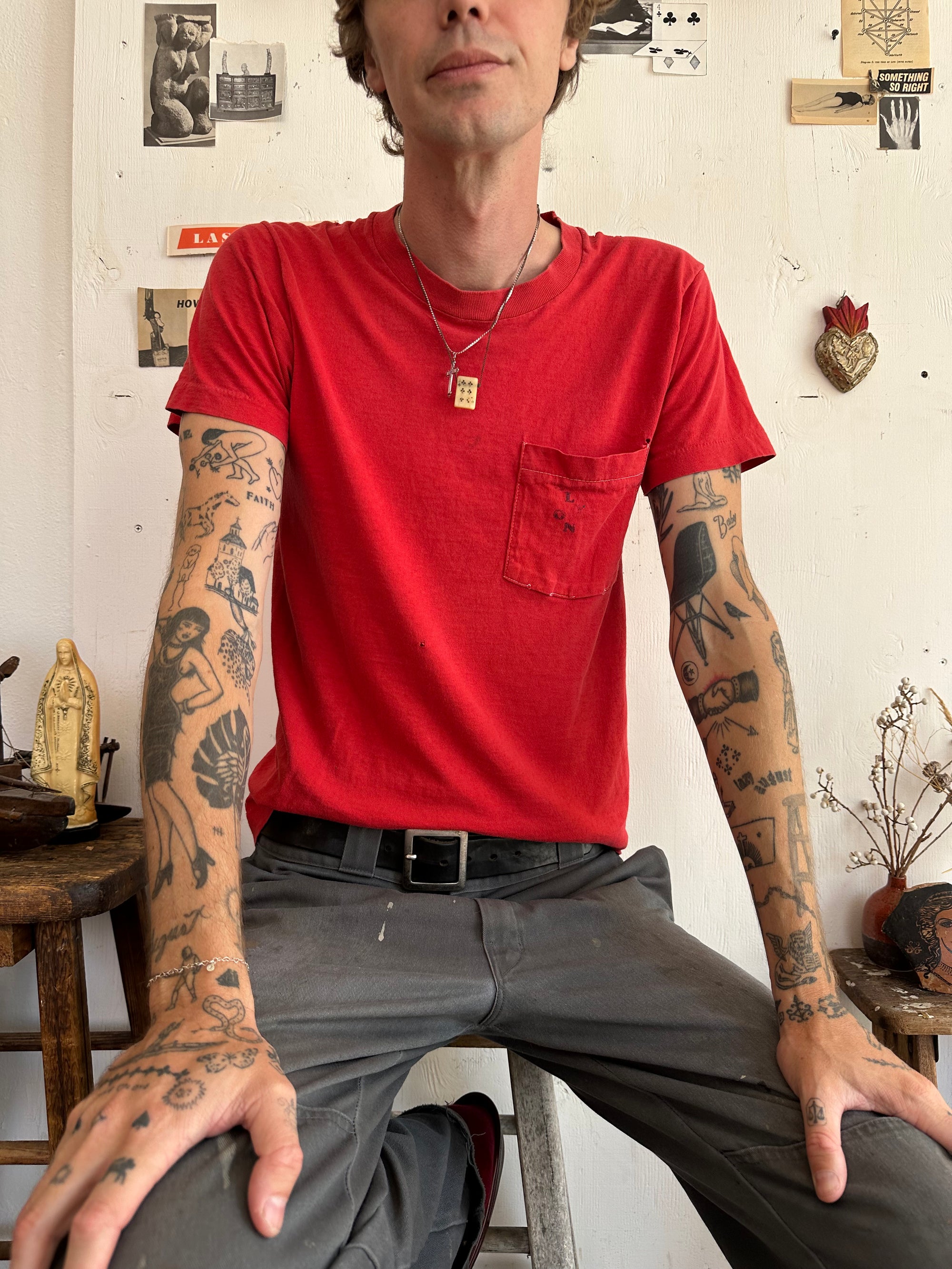 1970s Well Worn Red Pocket Tee