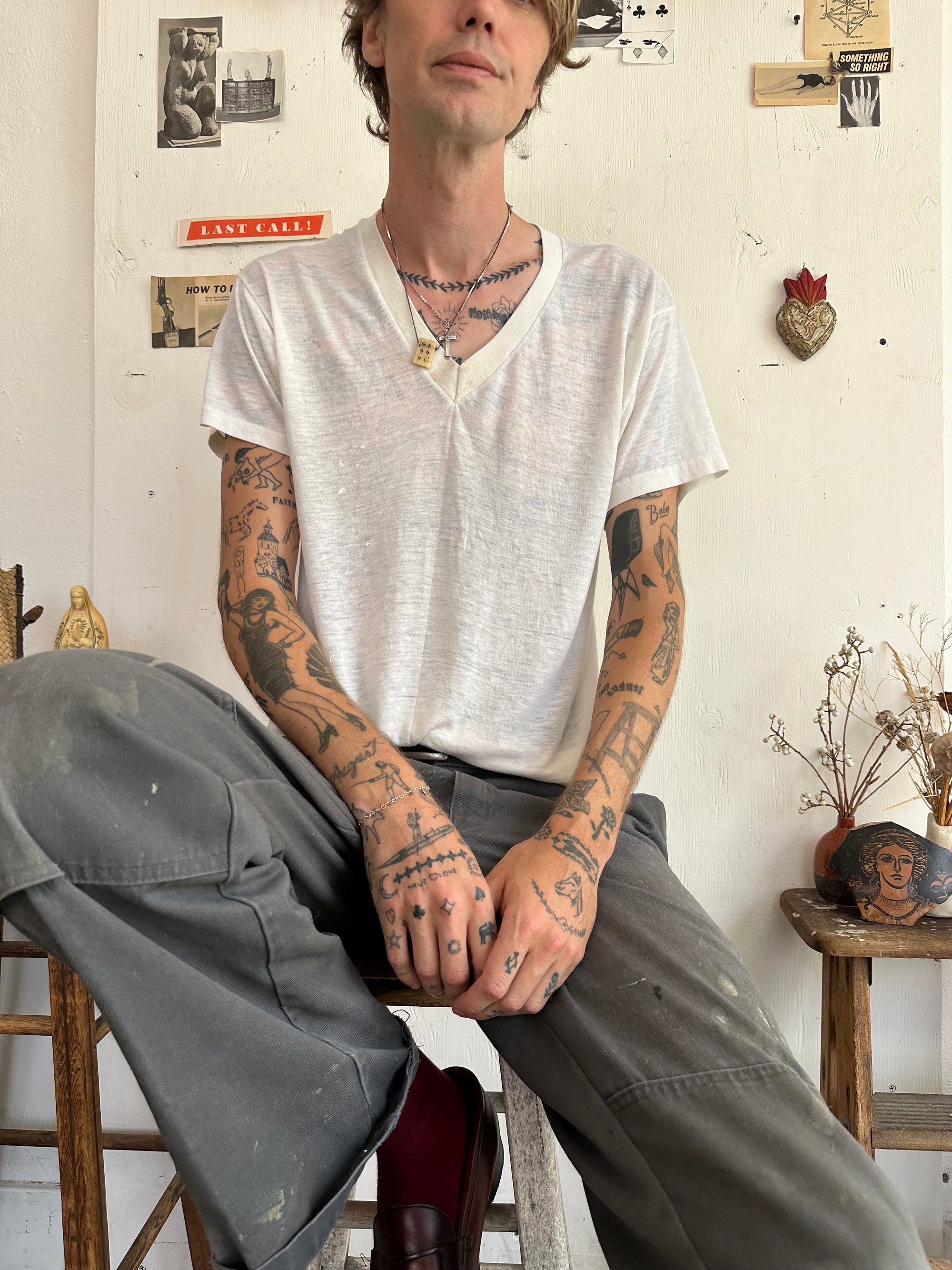 1980s Paper Thin White V-Neck