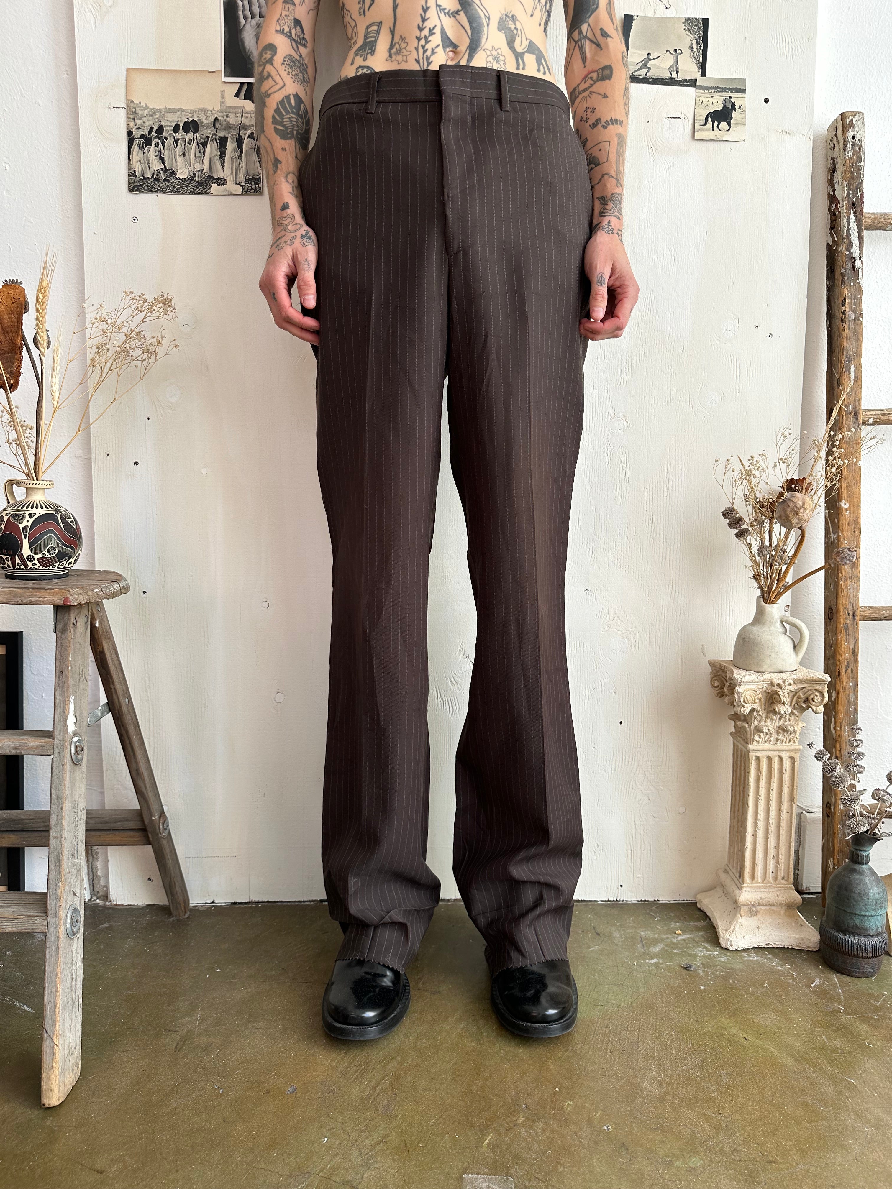 1970s Brown Released Hem Pinstripe Trousers (32/36)