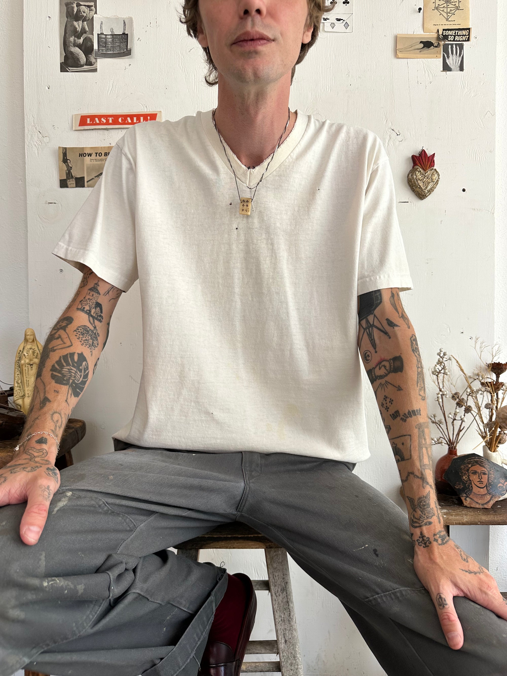 1990s Well Worn White V-Neck