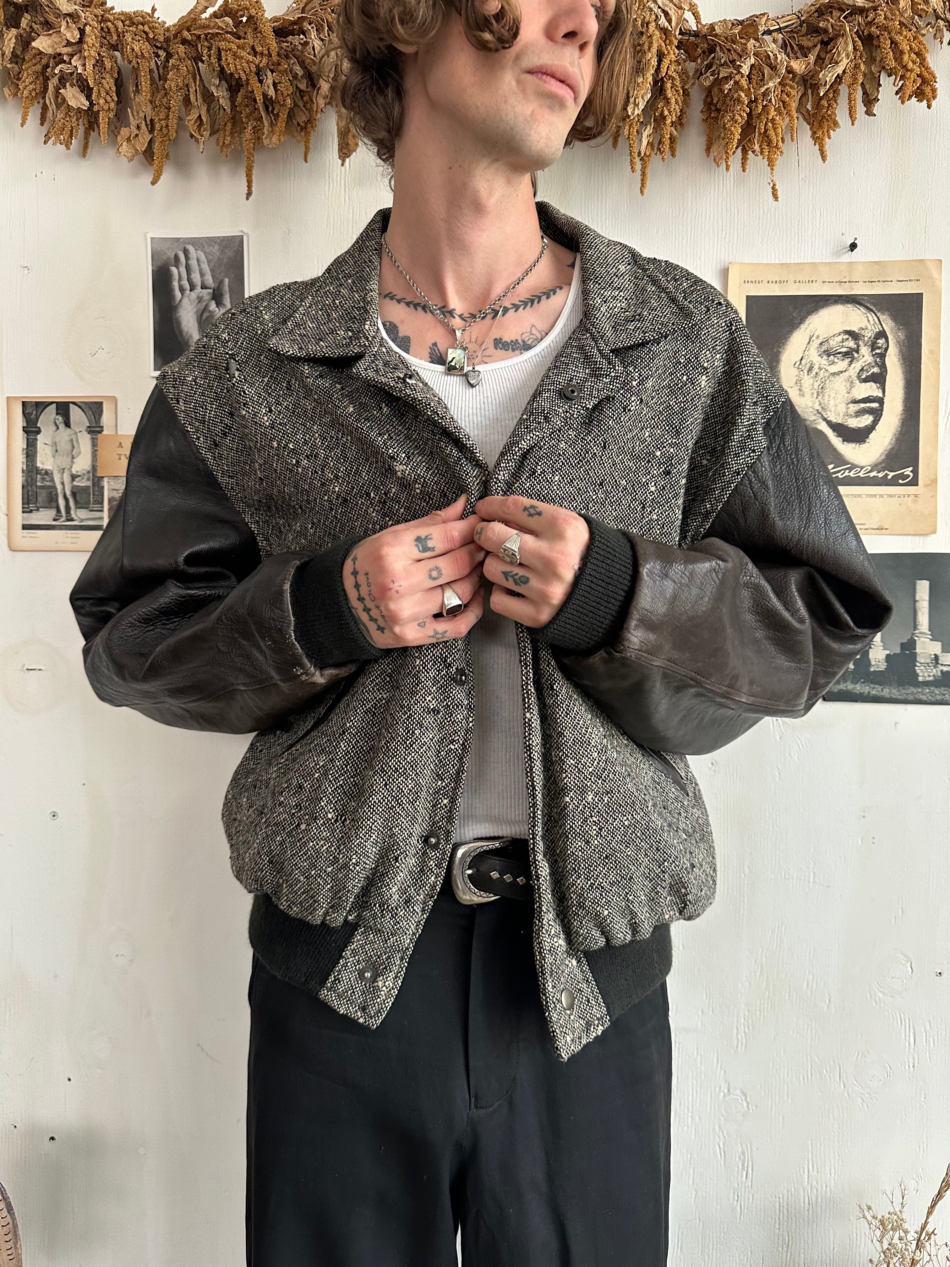 1980s Tweed Jacket W/ Leather Sleeves (Boxy L/XL)