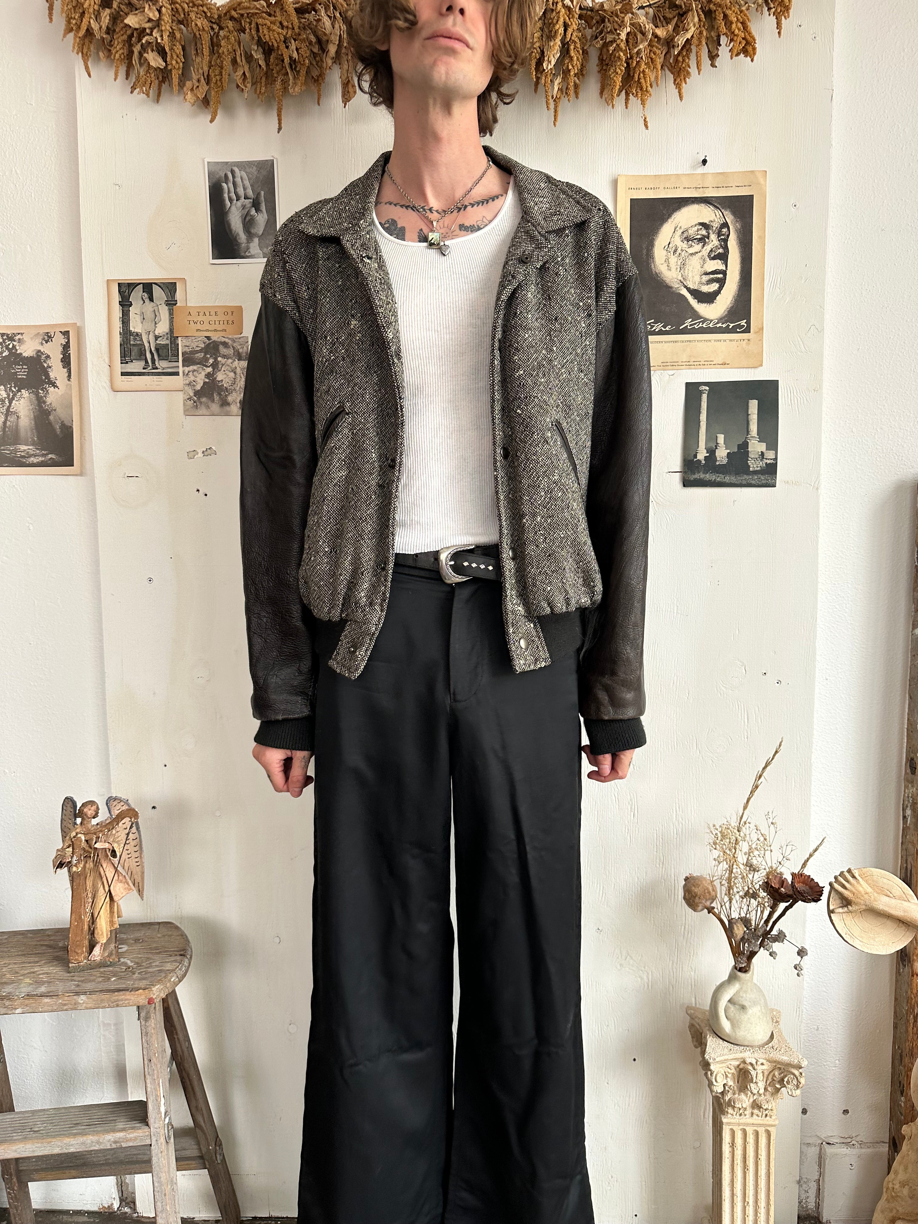 1980s Tweed Jacket W/ Leather Sleeves (Boxy L/XL)