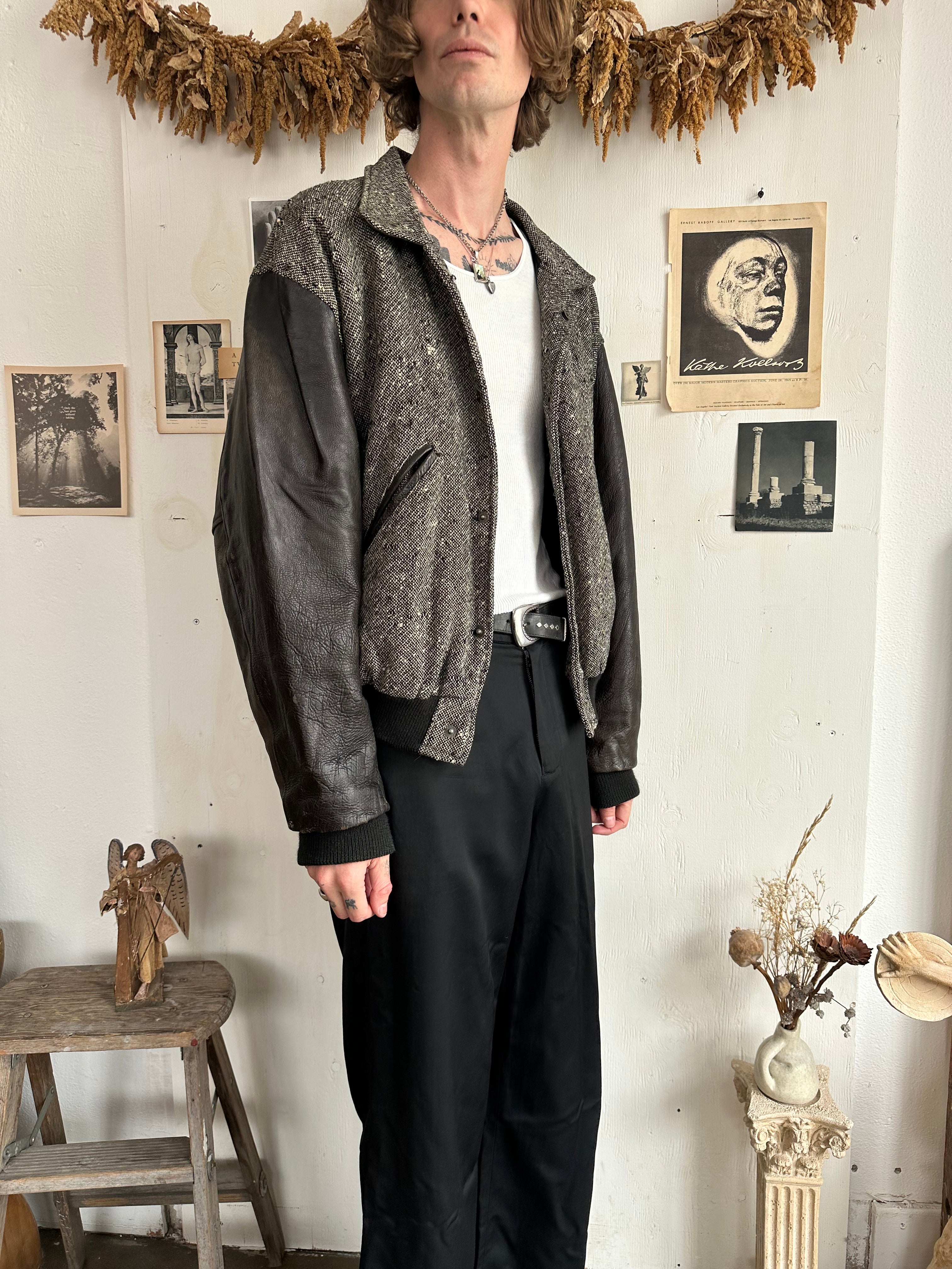 1980s Tweed Jacket W/ Leather Sleeves (Boxy L/XL)
