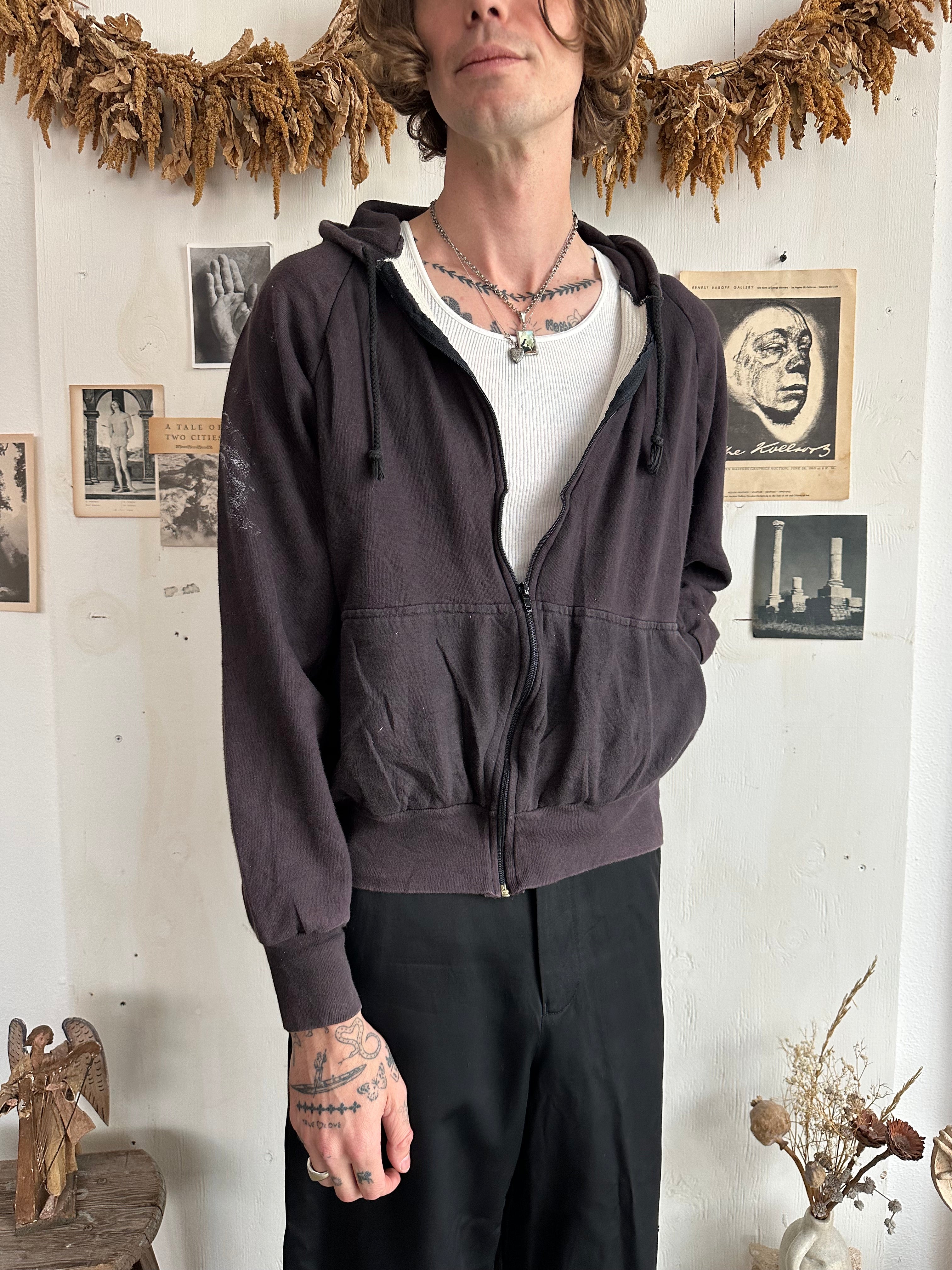 1980s Sun-Faded Well Worn Thermal-Lined Zip-Up Hoodie (M)