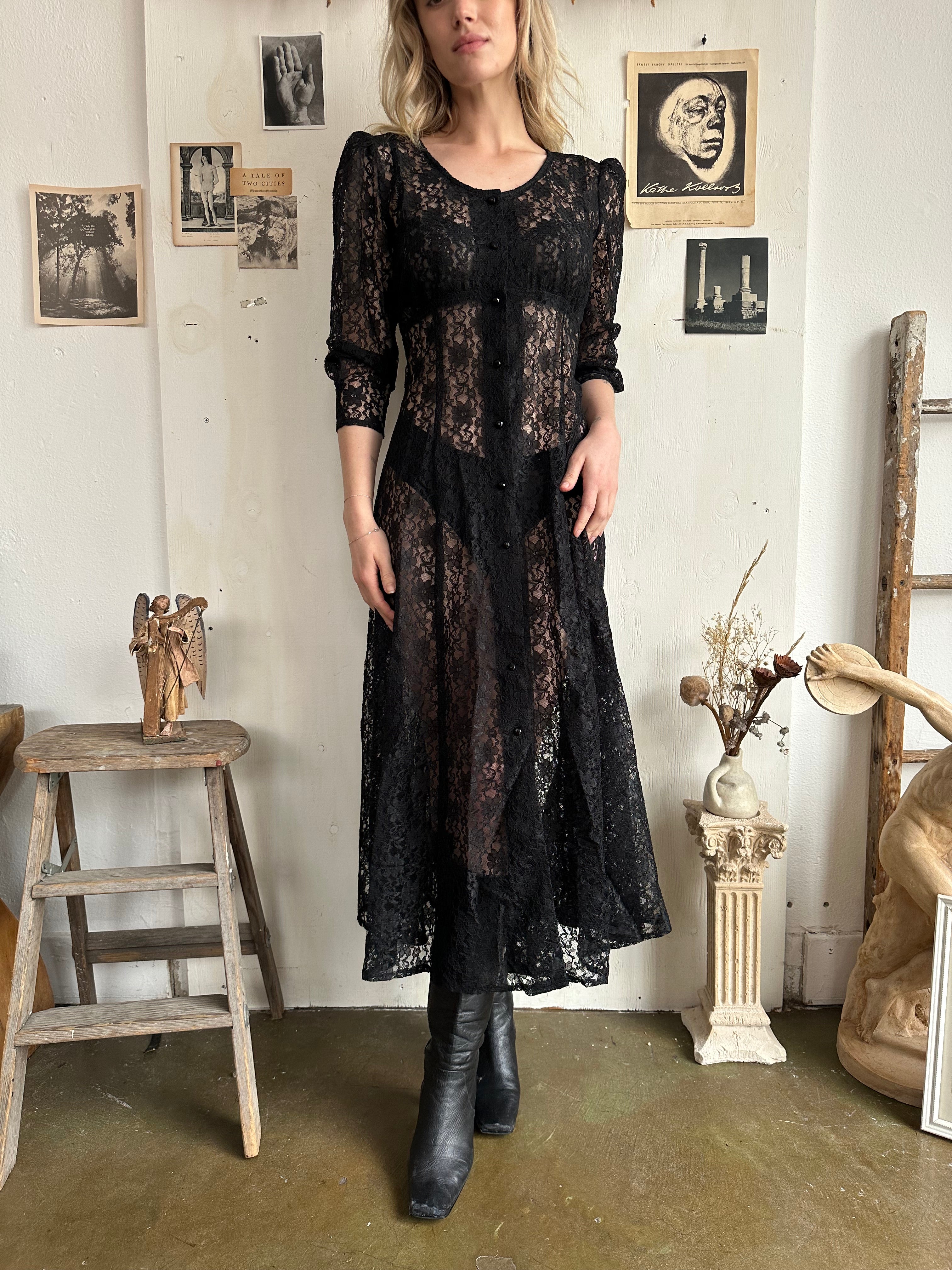 1980s Sheer Black Floral Dress (M)