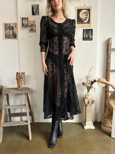 1980s Sheer Black Floral Dress (M)
