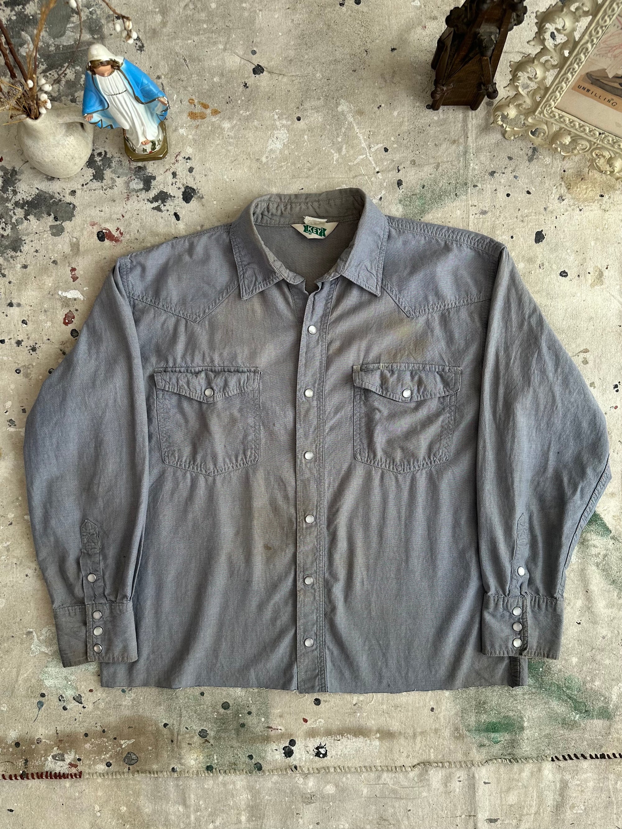 1990s Chopped Slate Gray Snap-Button Western Work Shirt