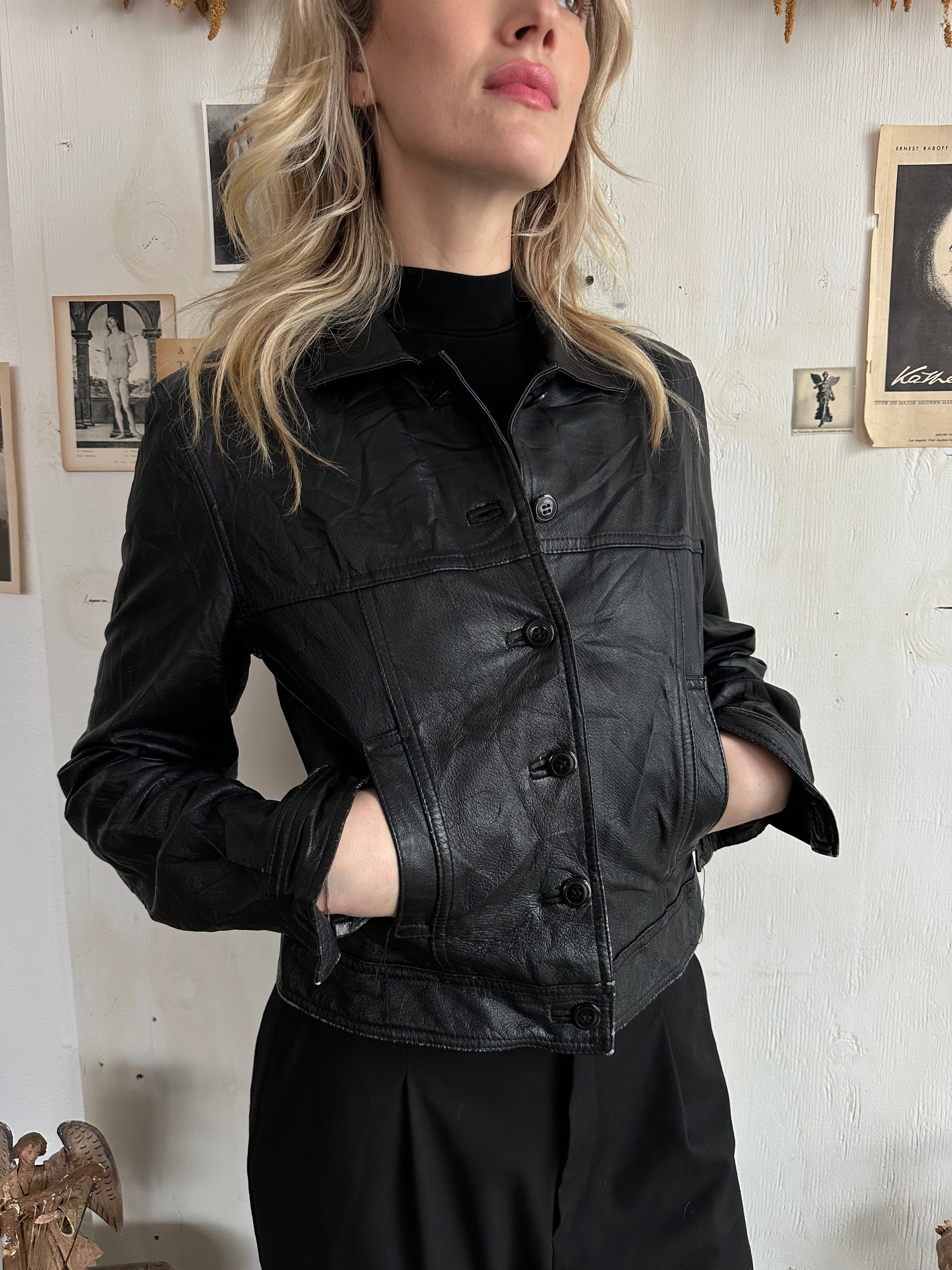 2000s Leather Trucker Jacket (XS)