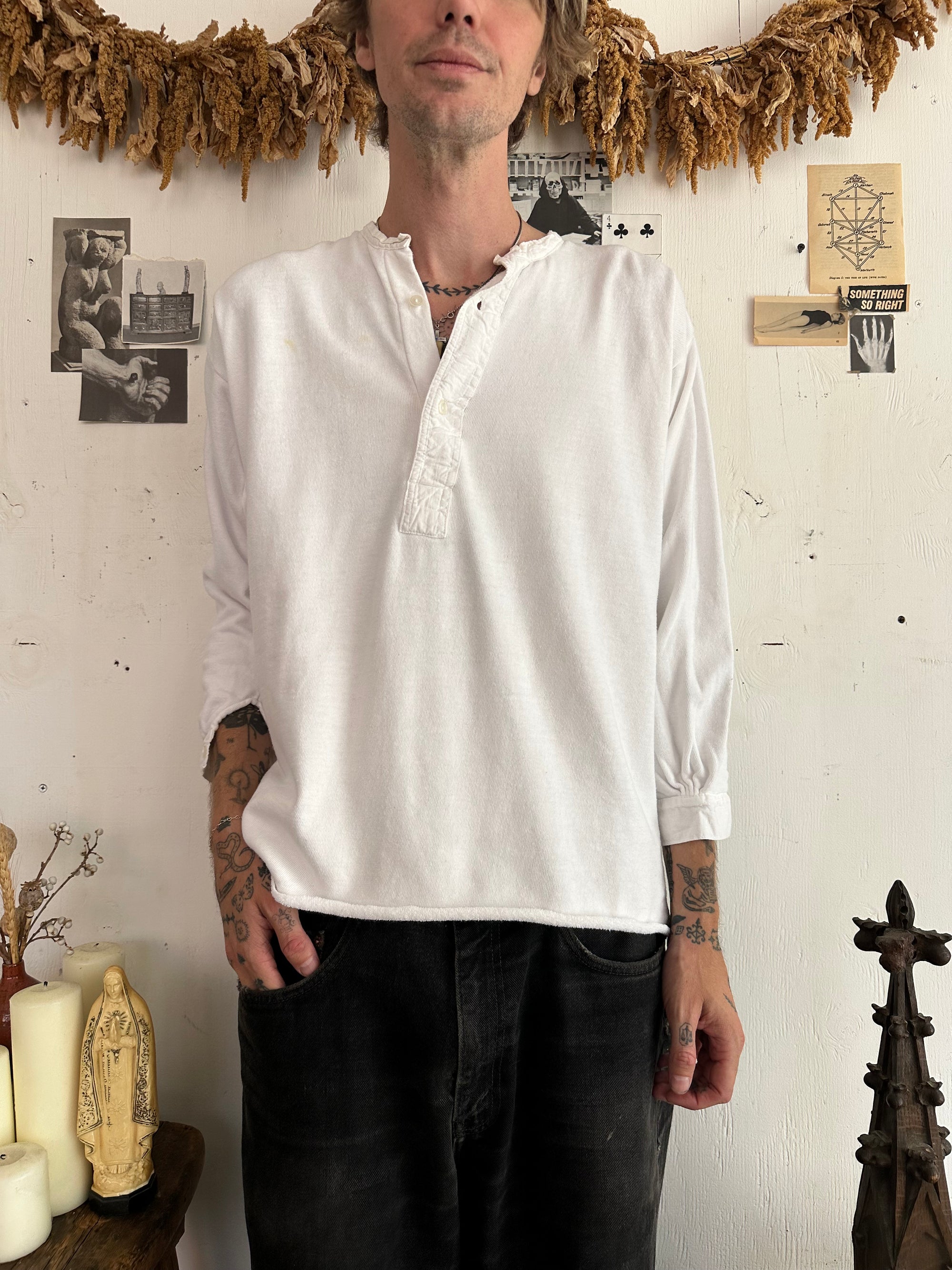1960s Well Worn White Henley Long Sleeve
