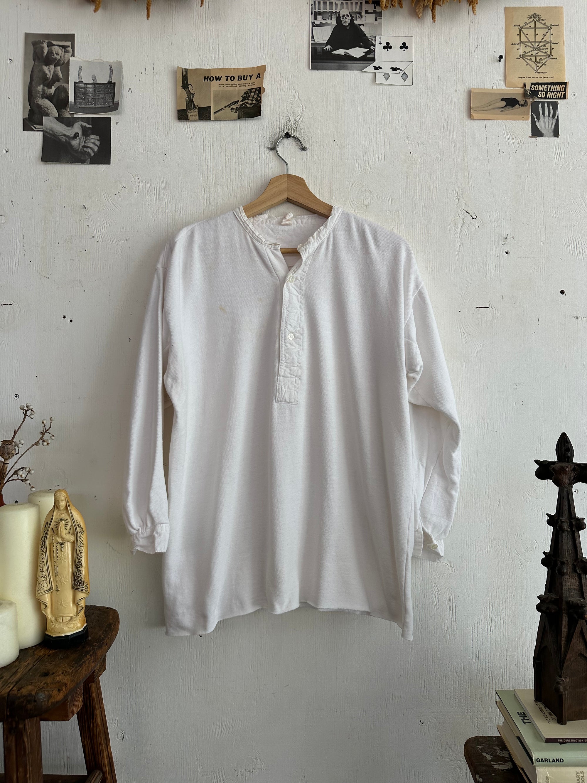 1960s Well Worn White Henley Long Sleeve