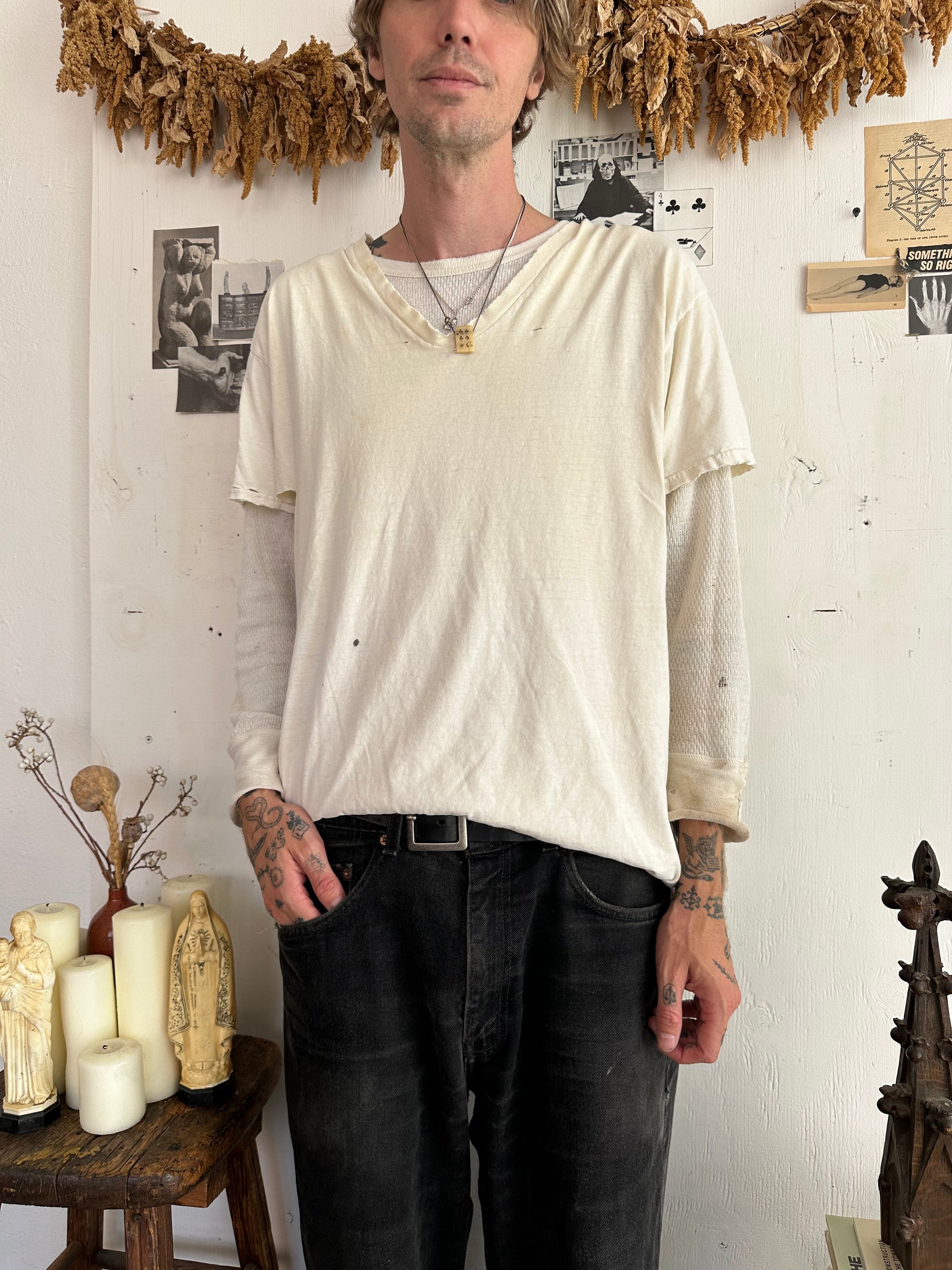1980s Thrashed White V-Neck