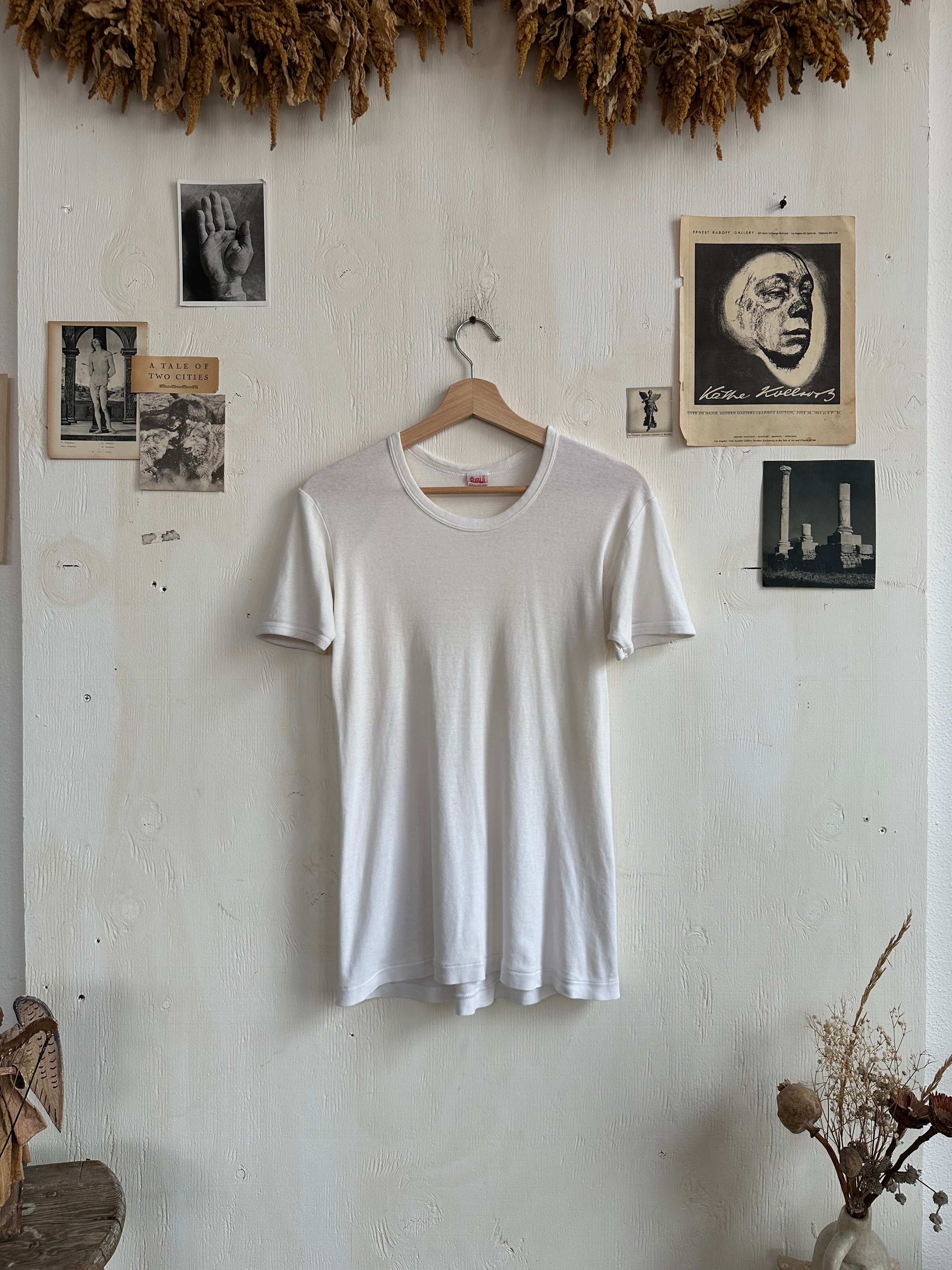 1980s Banded Collar and Sleeve White T-Shirt (M)