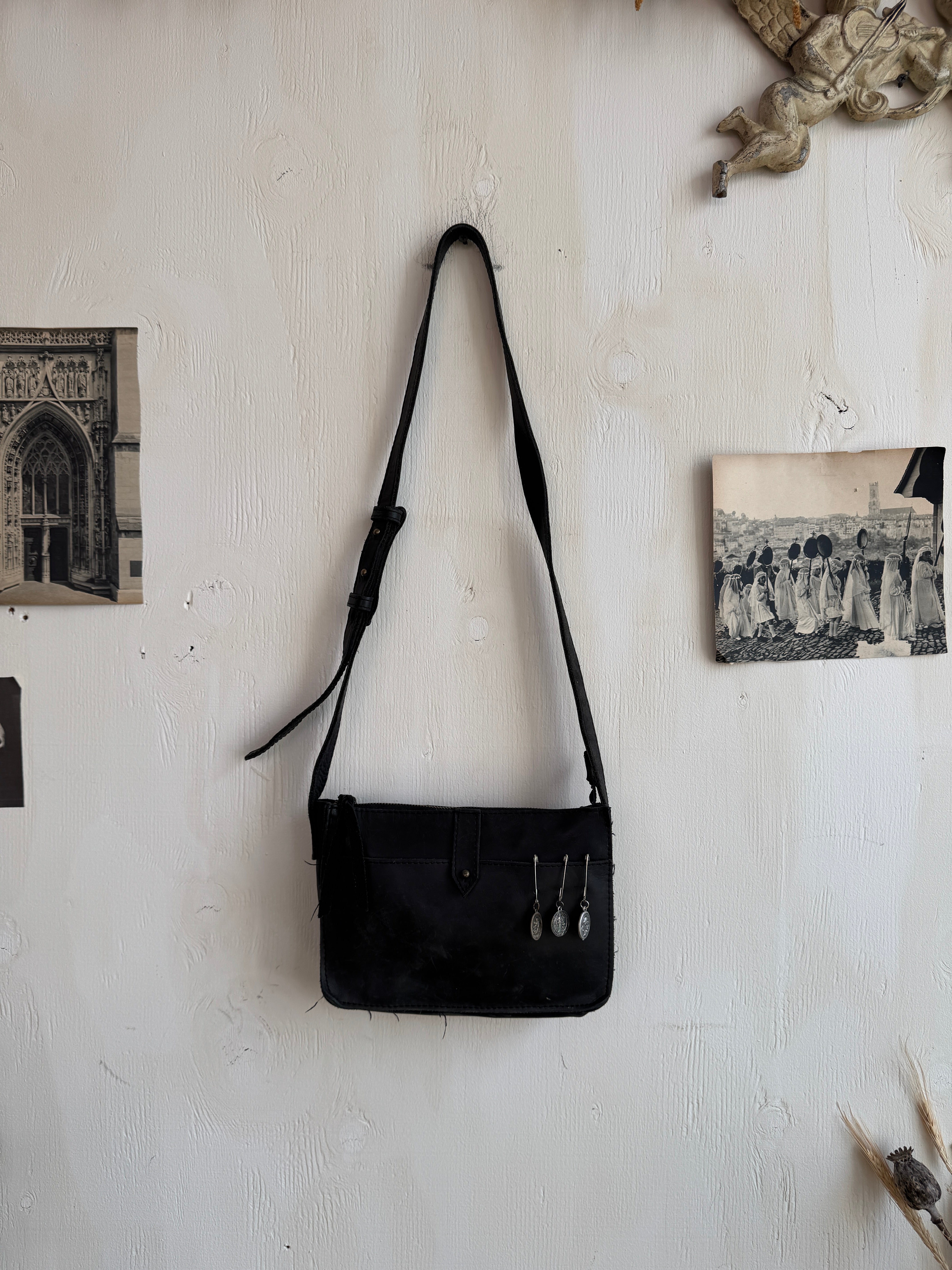 Vintage Leather Bag w/ Vintage Religious Pendants