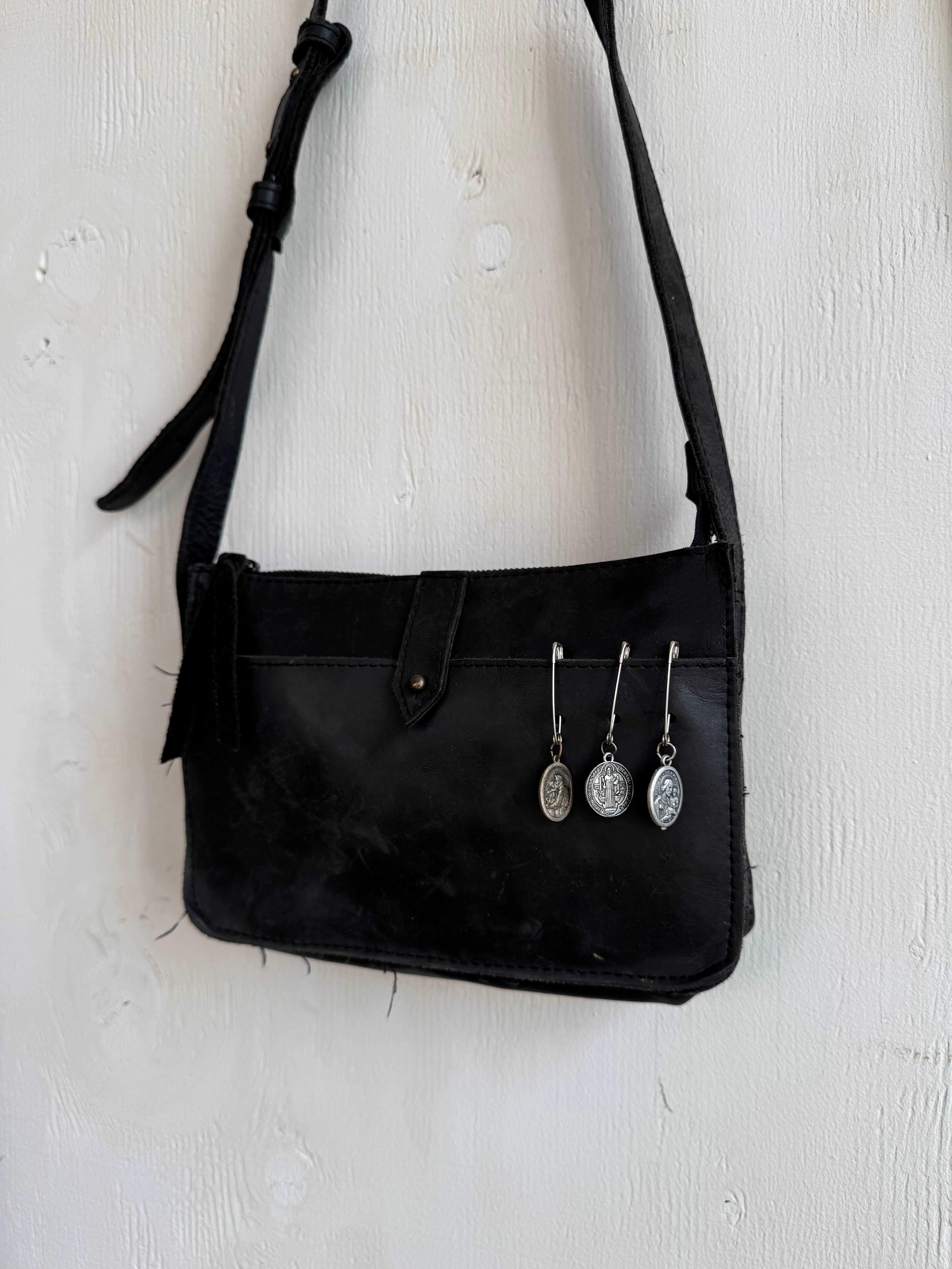 Vintage Leather Bag w/ Vintage Religious Pendants