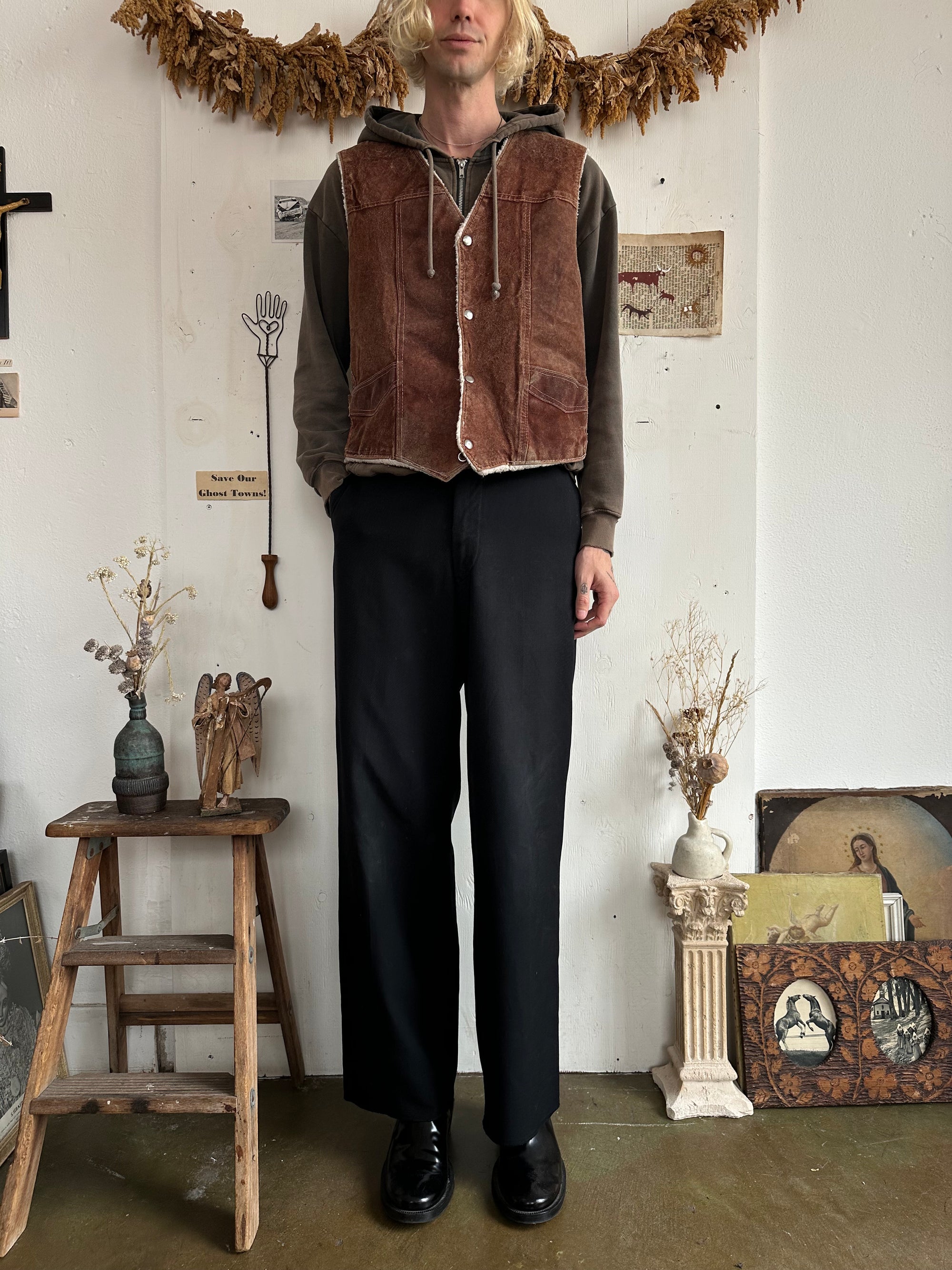 1970s Thrashed Suede Shearling-Lined Vest