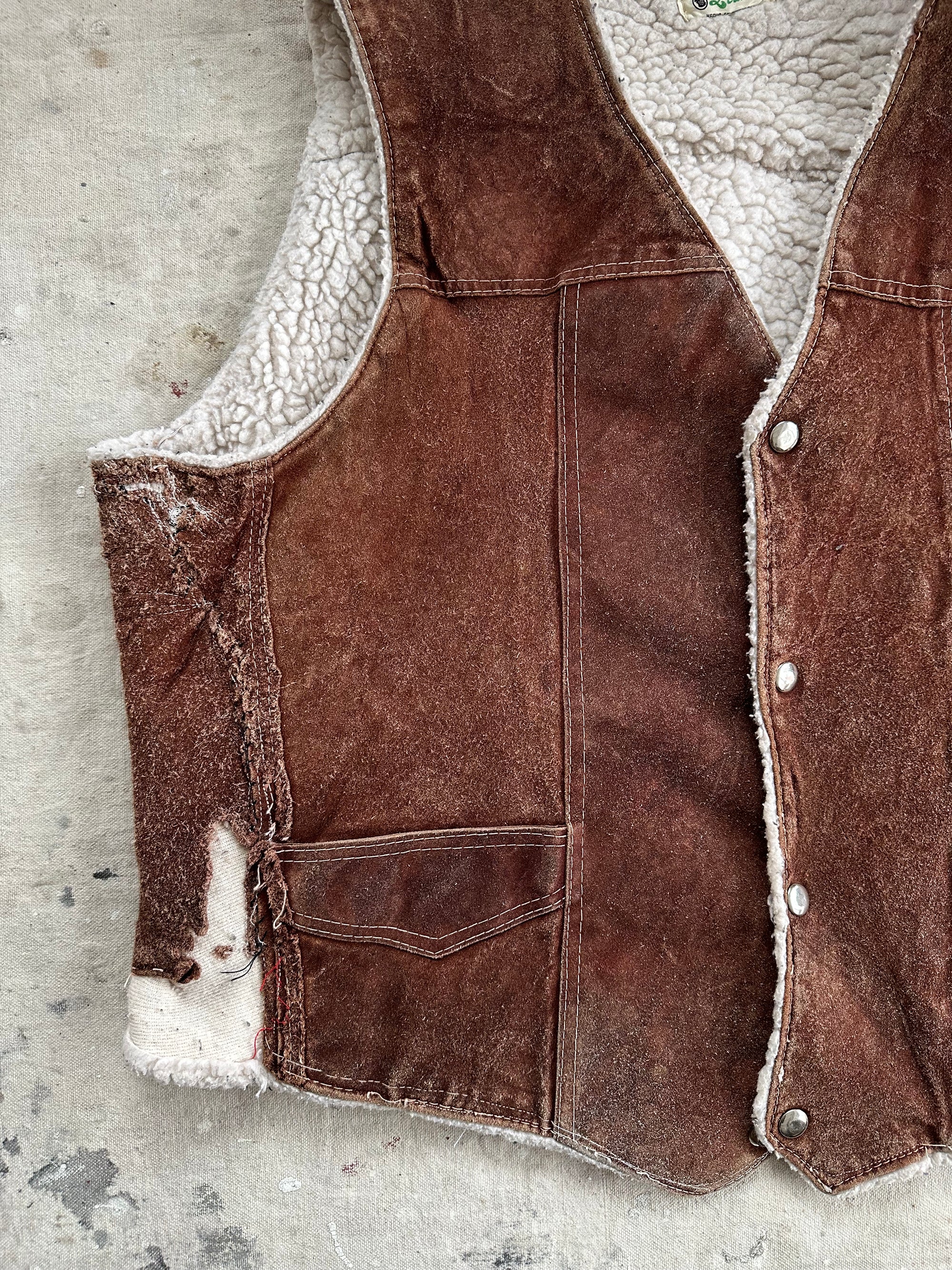 1970s Thrashed Suede Shearling-Lined Vest