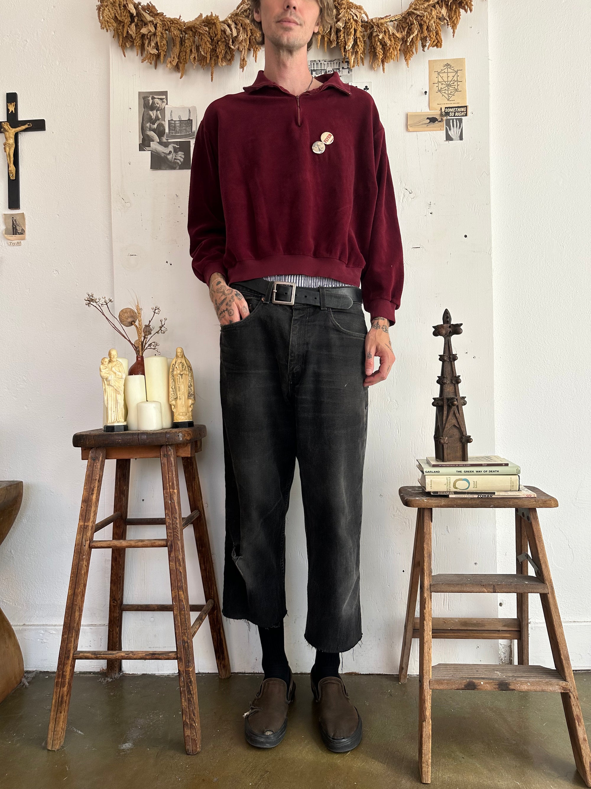 1970s Red Velour Quarter Zip W/ Pins