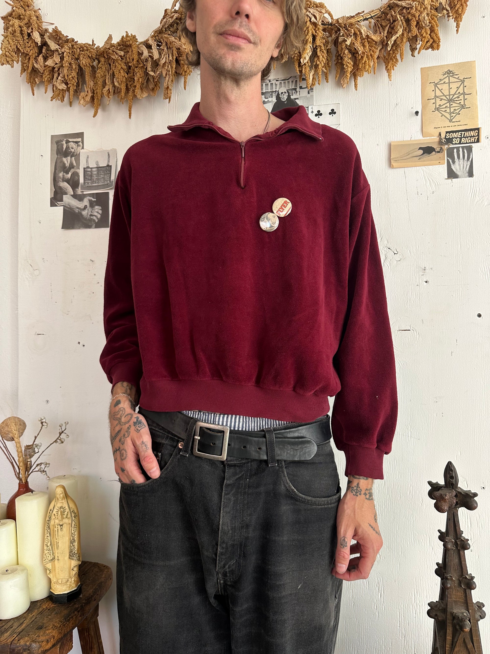 1970s Red Velour Quarter Zip W/ Pins
