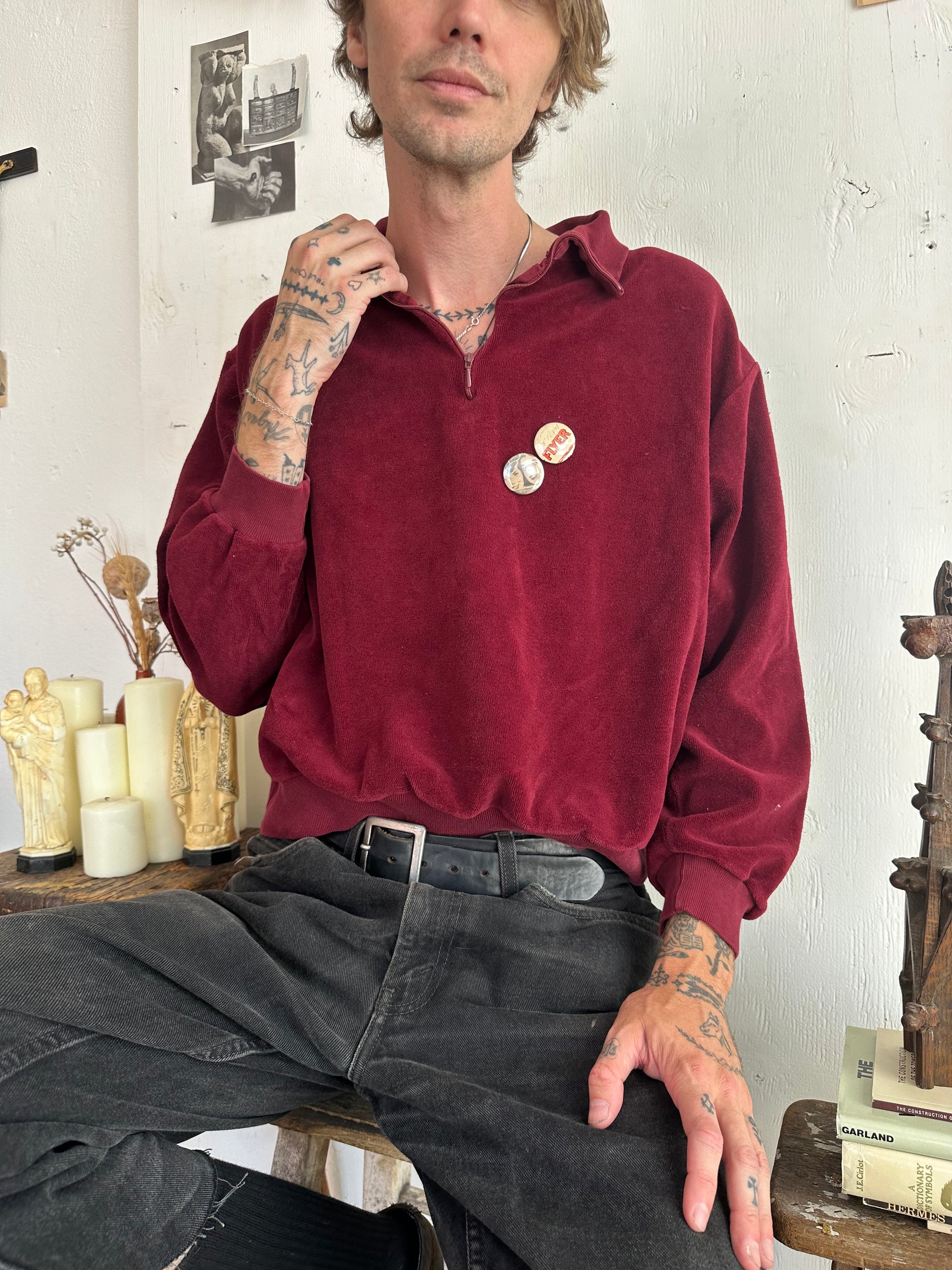 1970s Red Velour Quarter Zip W/ Pins