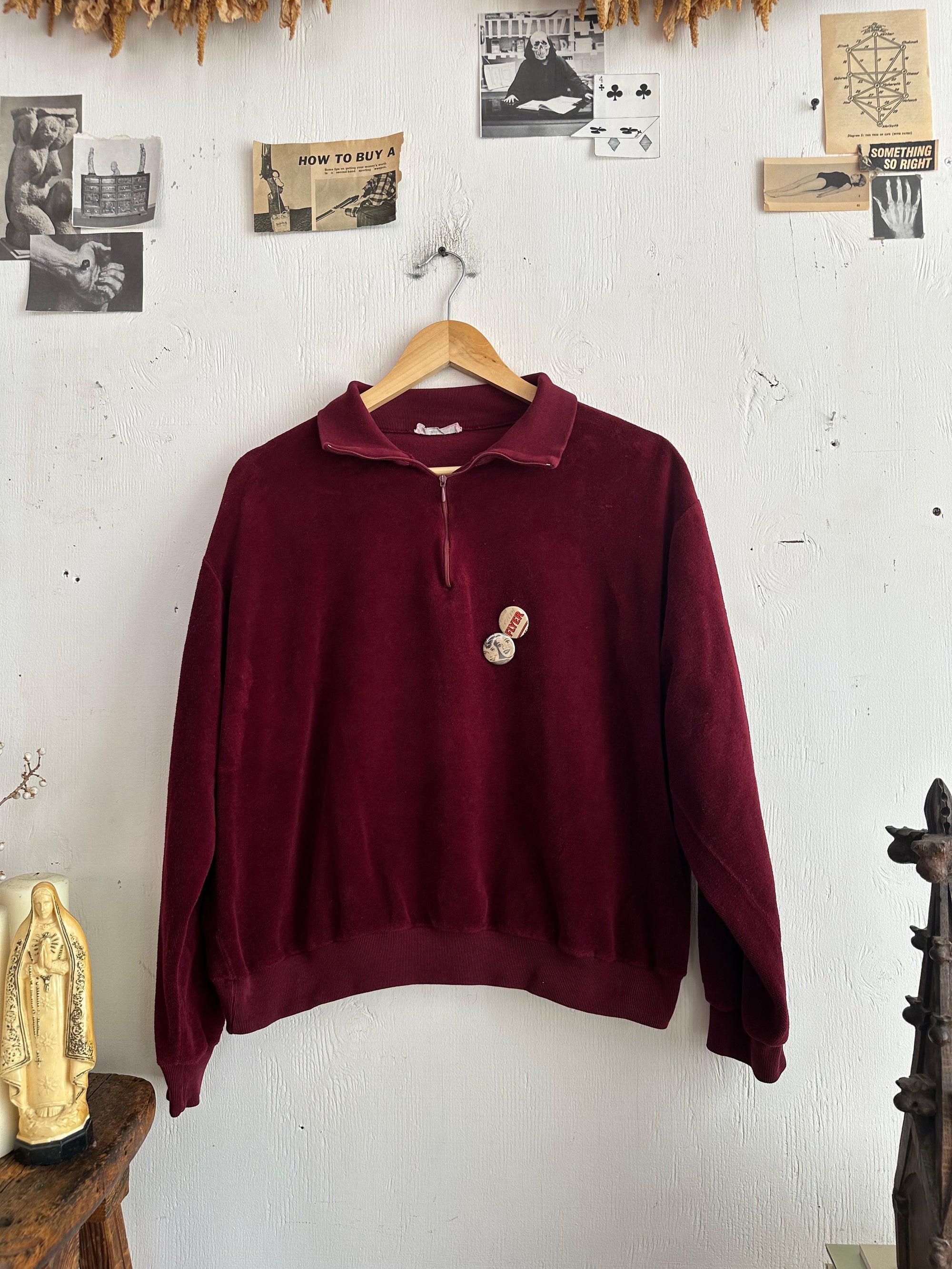 1970s Red Velour Quarter Zip W/ Pins