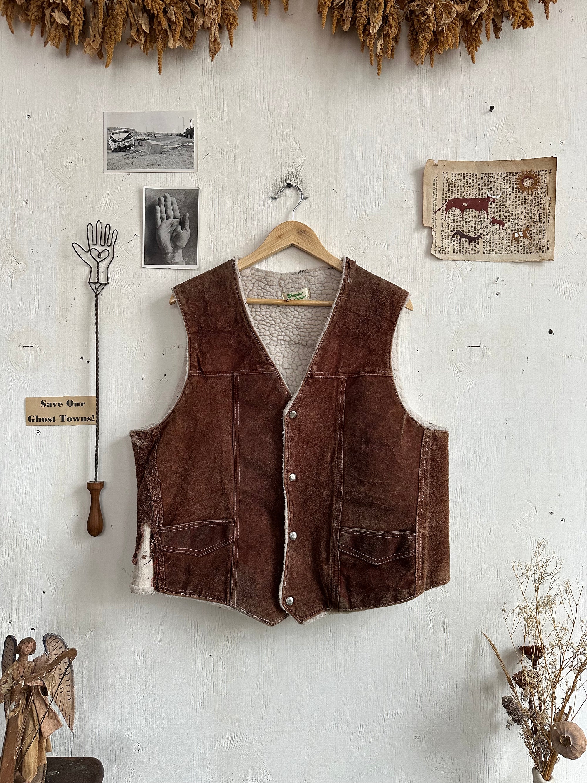 1970s Thrashed Suede Shearling-Lined Vest