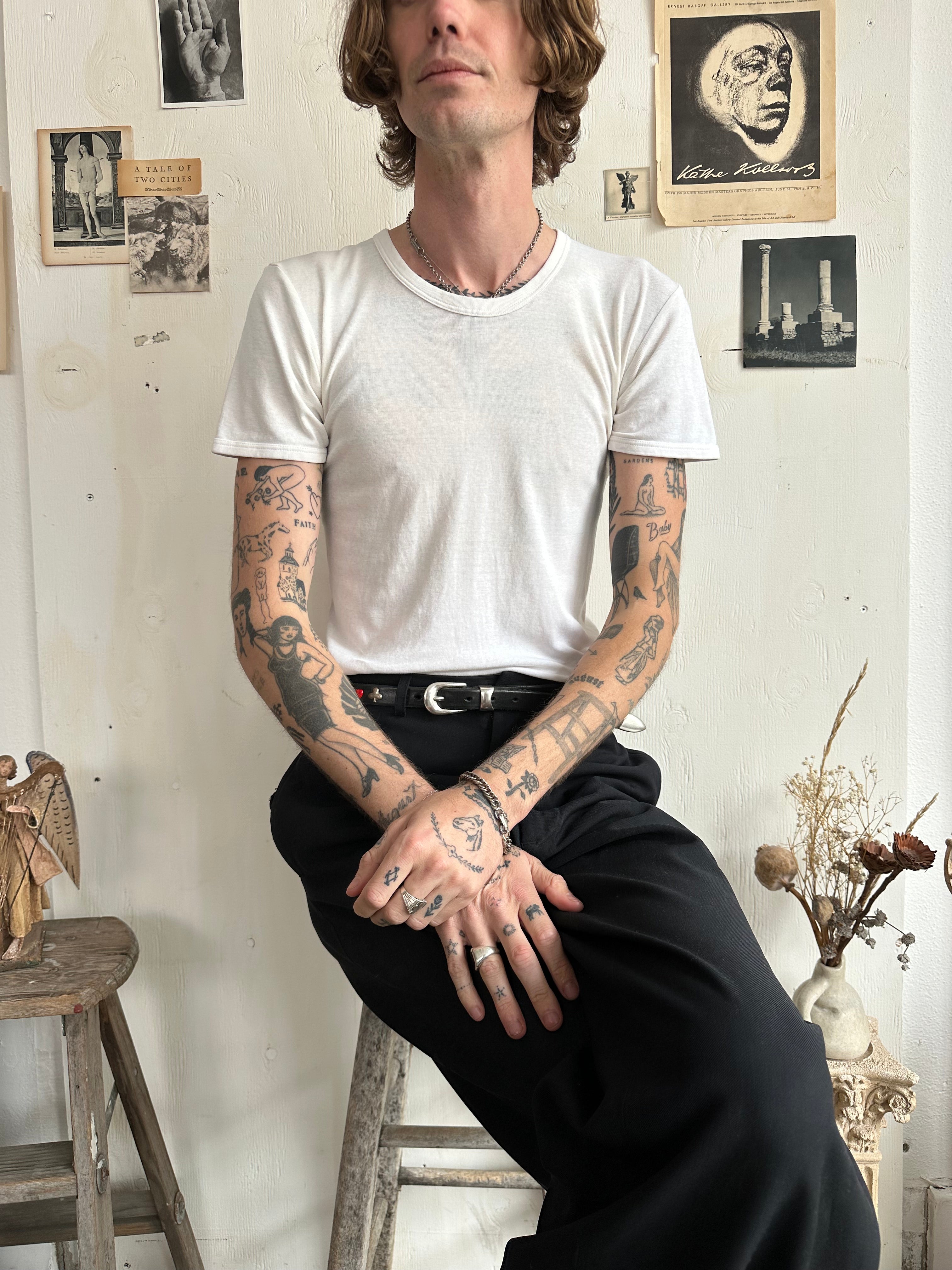 1980s Banded Collar and Sleeve White T-Shirt (M)