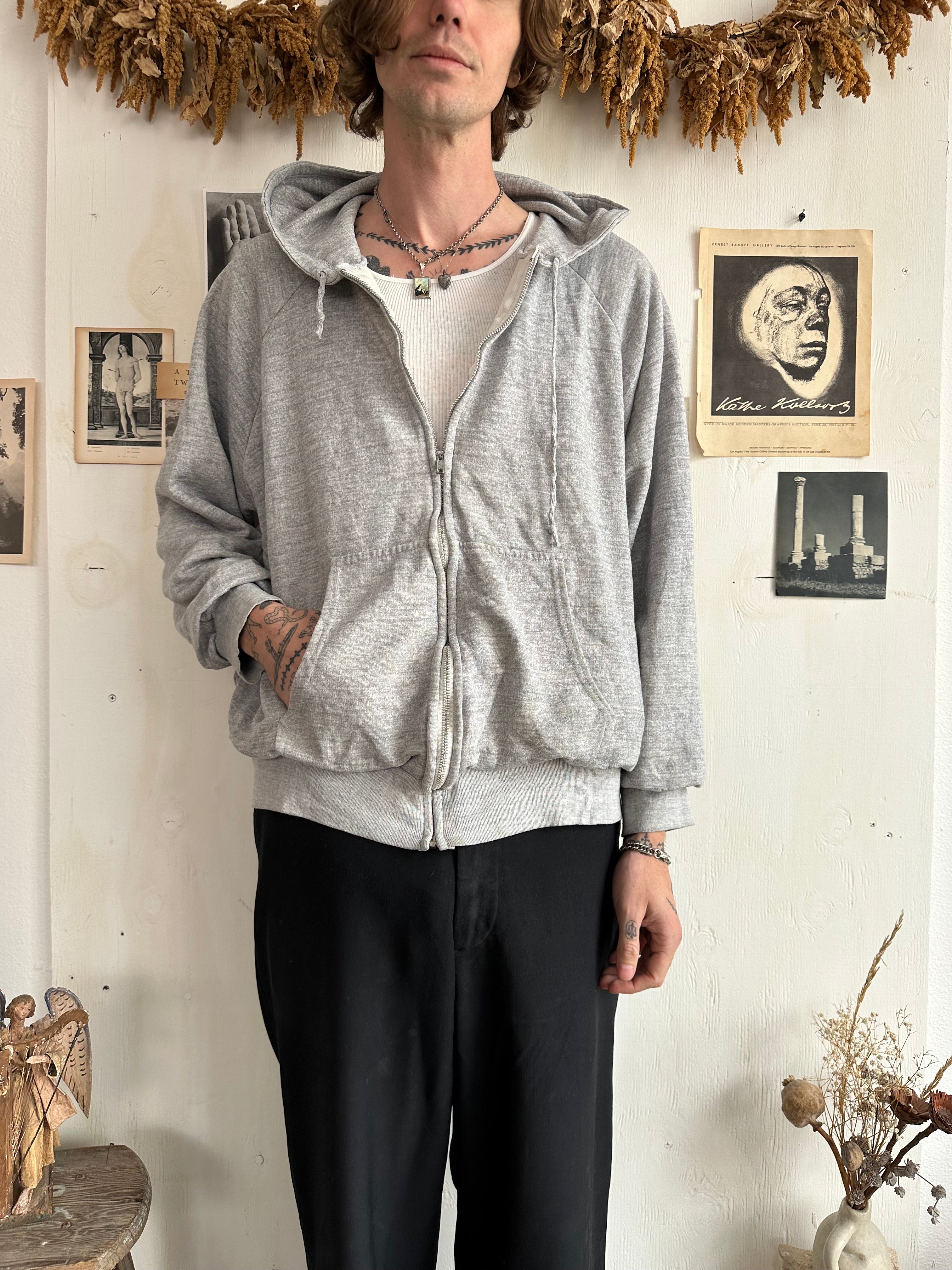 1990s Well-Worn Thermal Lined Heather Grey Zip-Up (Boxy L/XL)