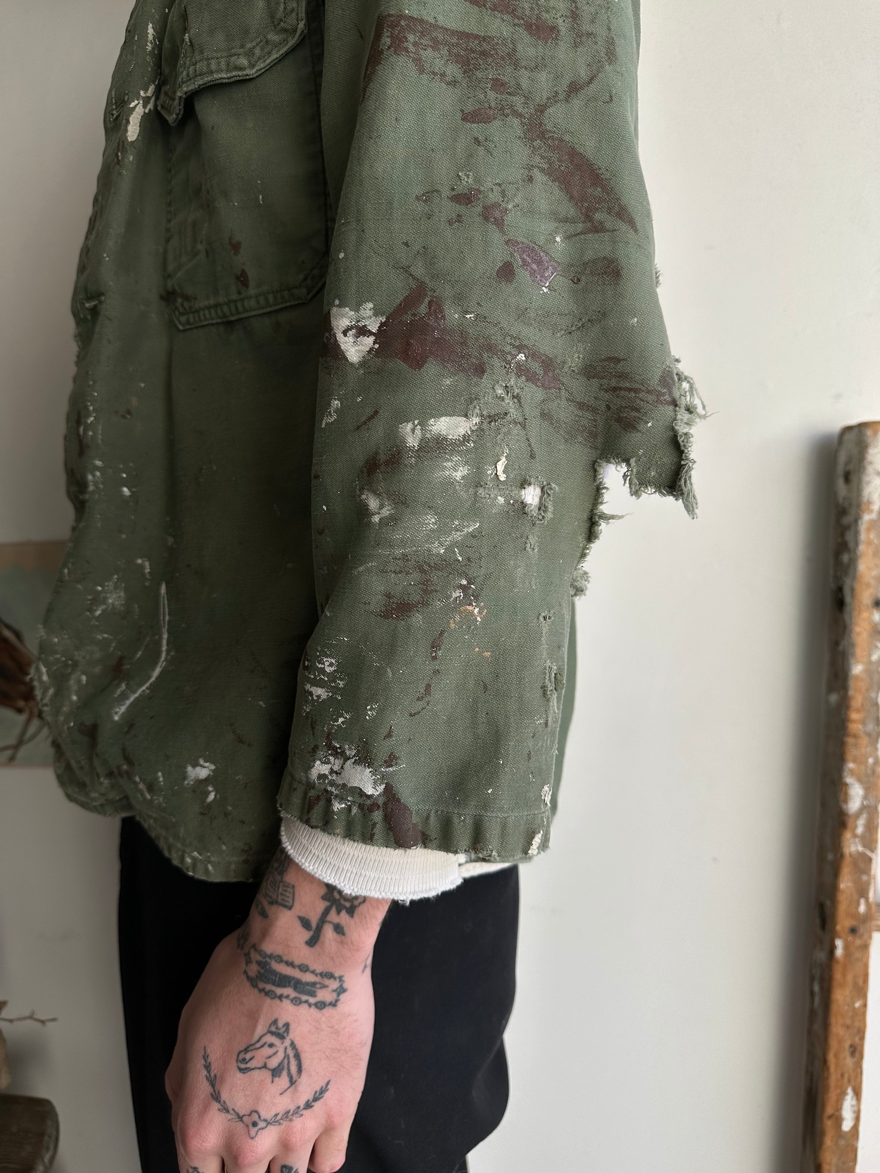 1970s Paint-Splattered Open Face Military Overshirt (M/L)