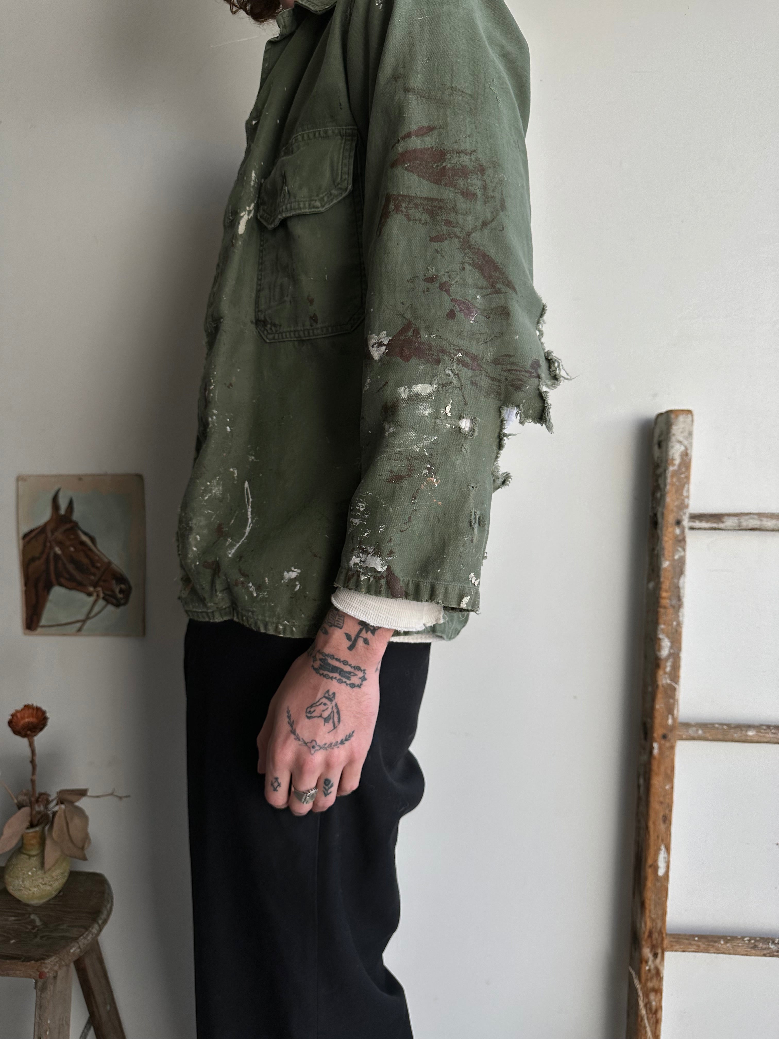 1970s Paint-Splattered Open Face Military Overshirt (M/L)