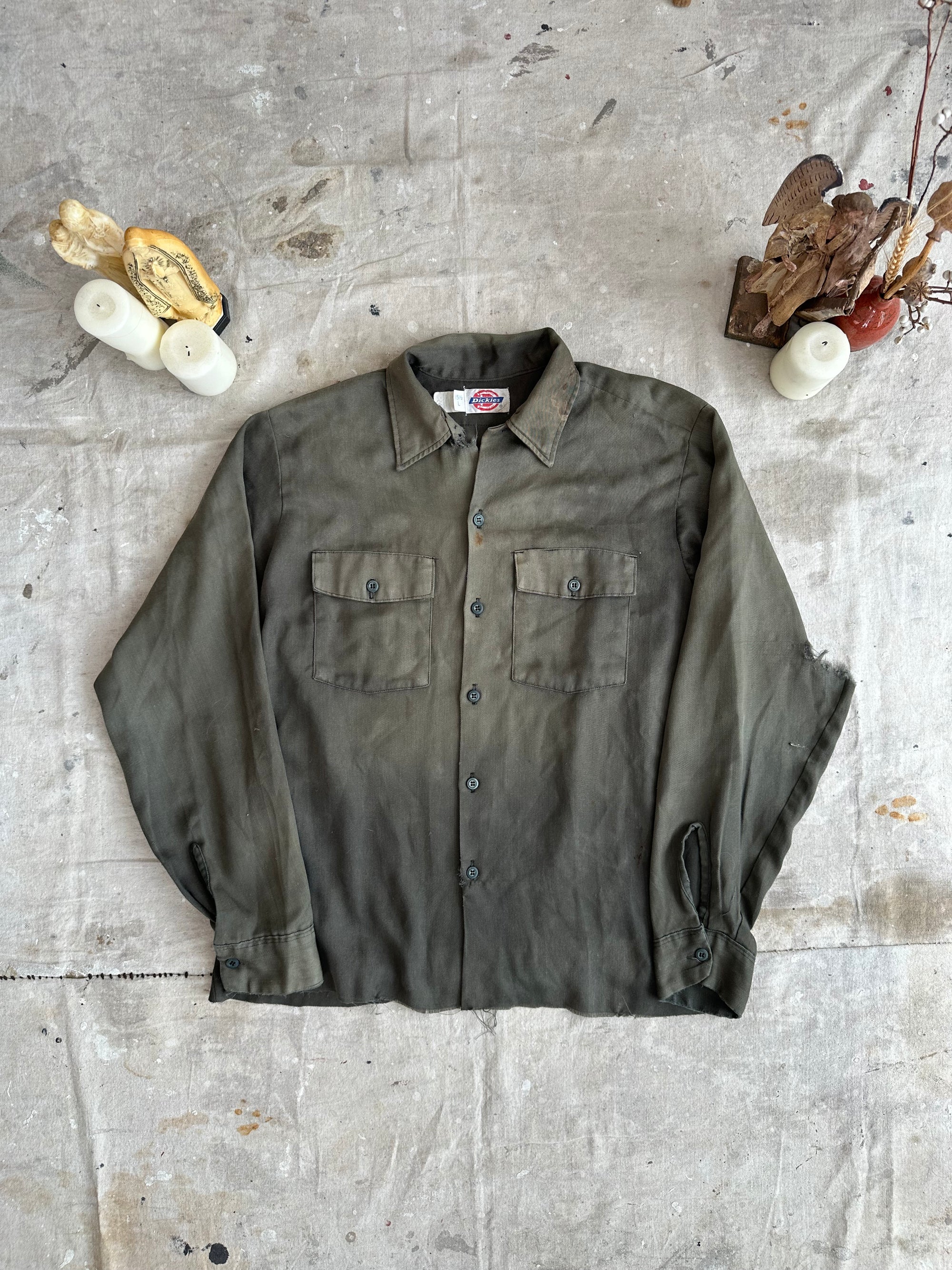1970s Sunfaded Thrashed and Repaired Green Button Up