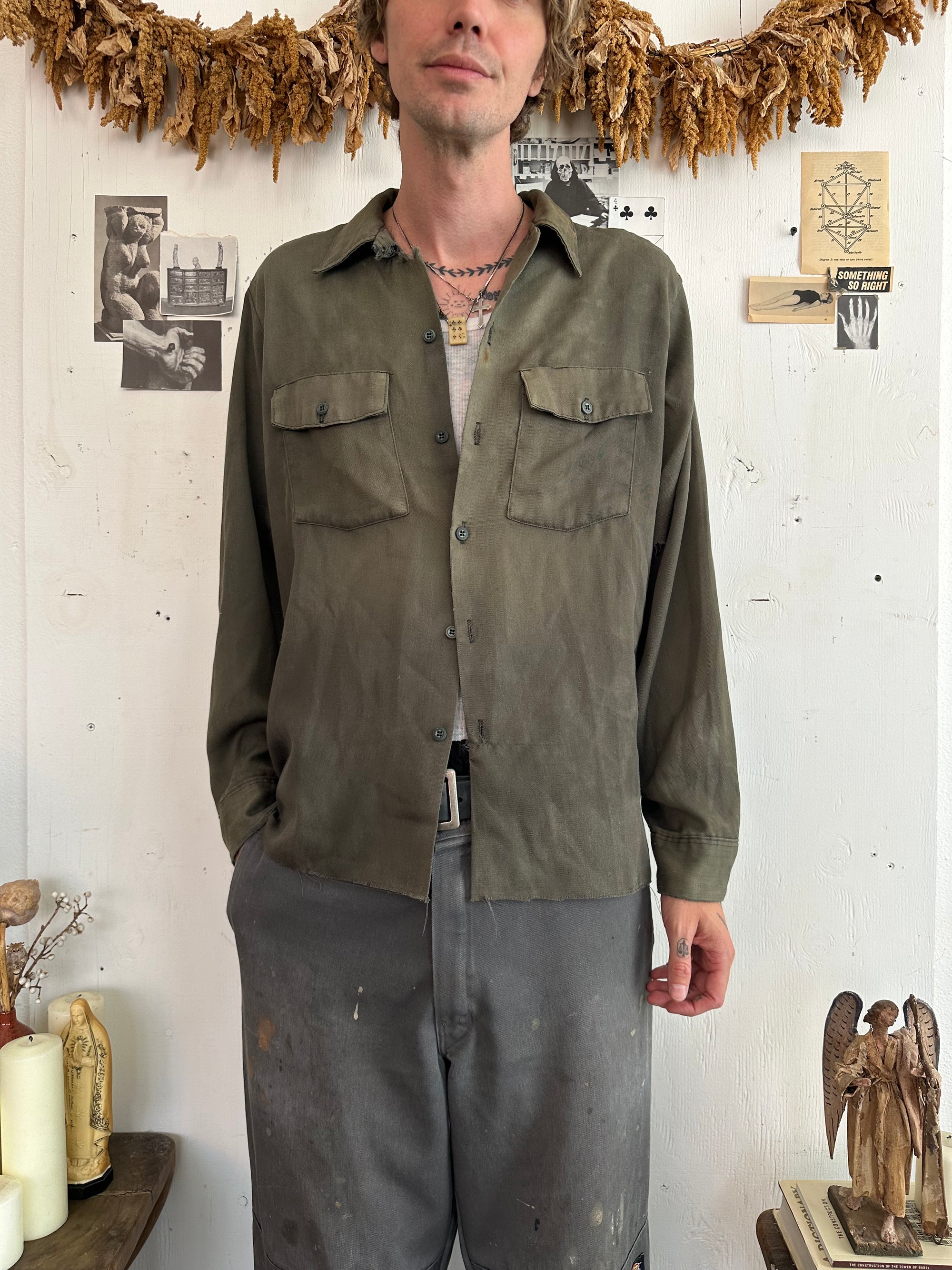 1970s Sunfaded Thrashed and Repaired Green Button Up