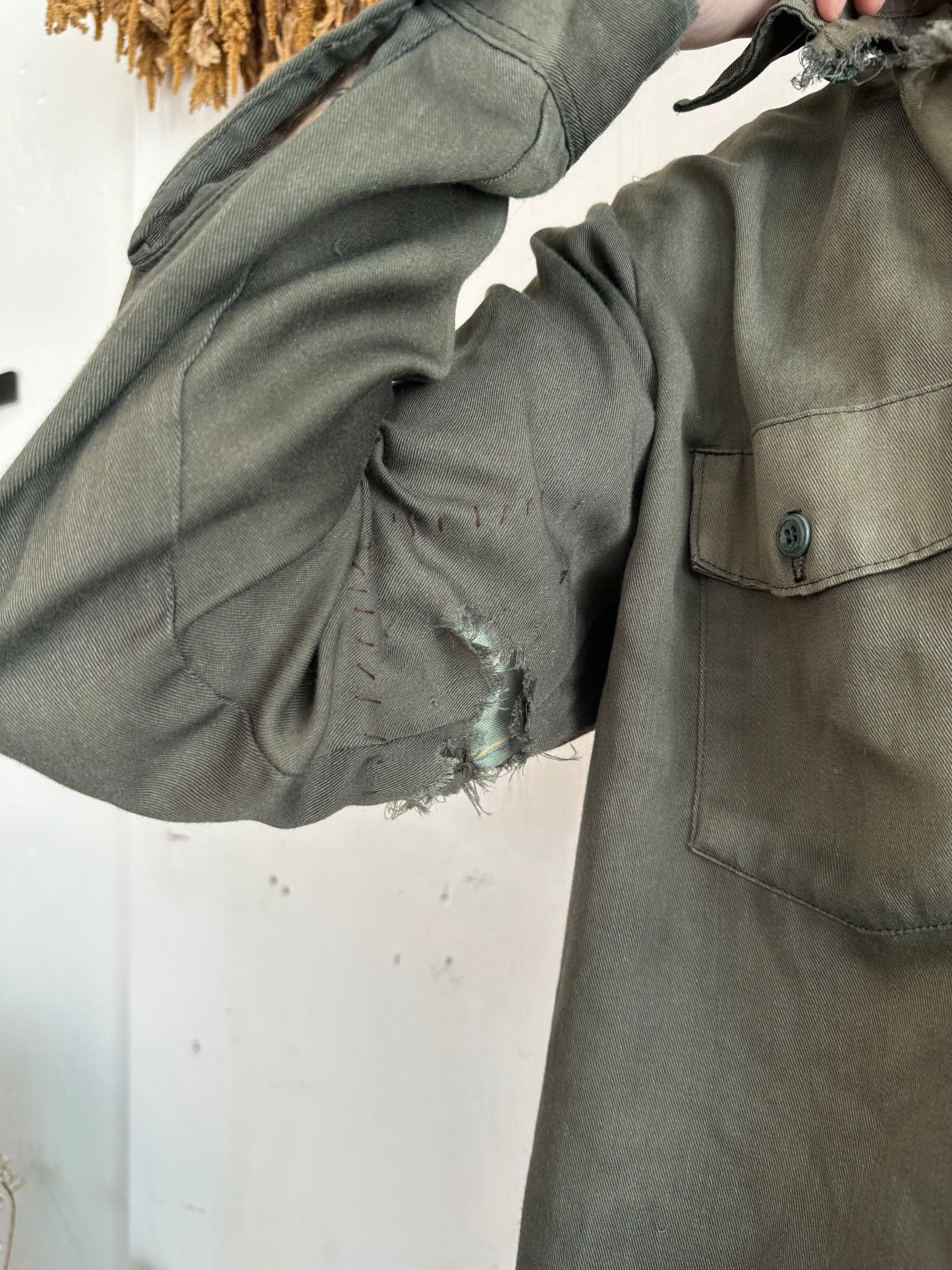 1970s Sunfaded Thrashed and Repaired Green Button Up