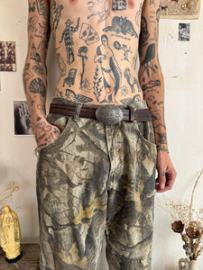 Barbed Wire Leather Belt W/ Folky Floral Buckle (32" - 38")