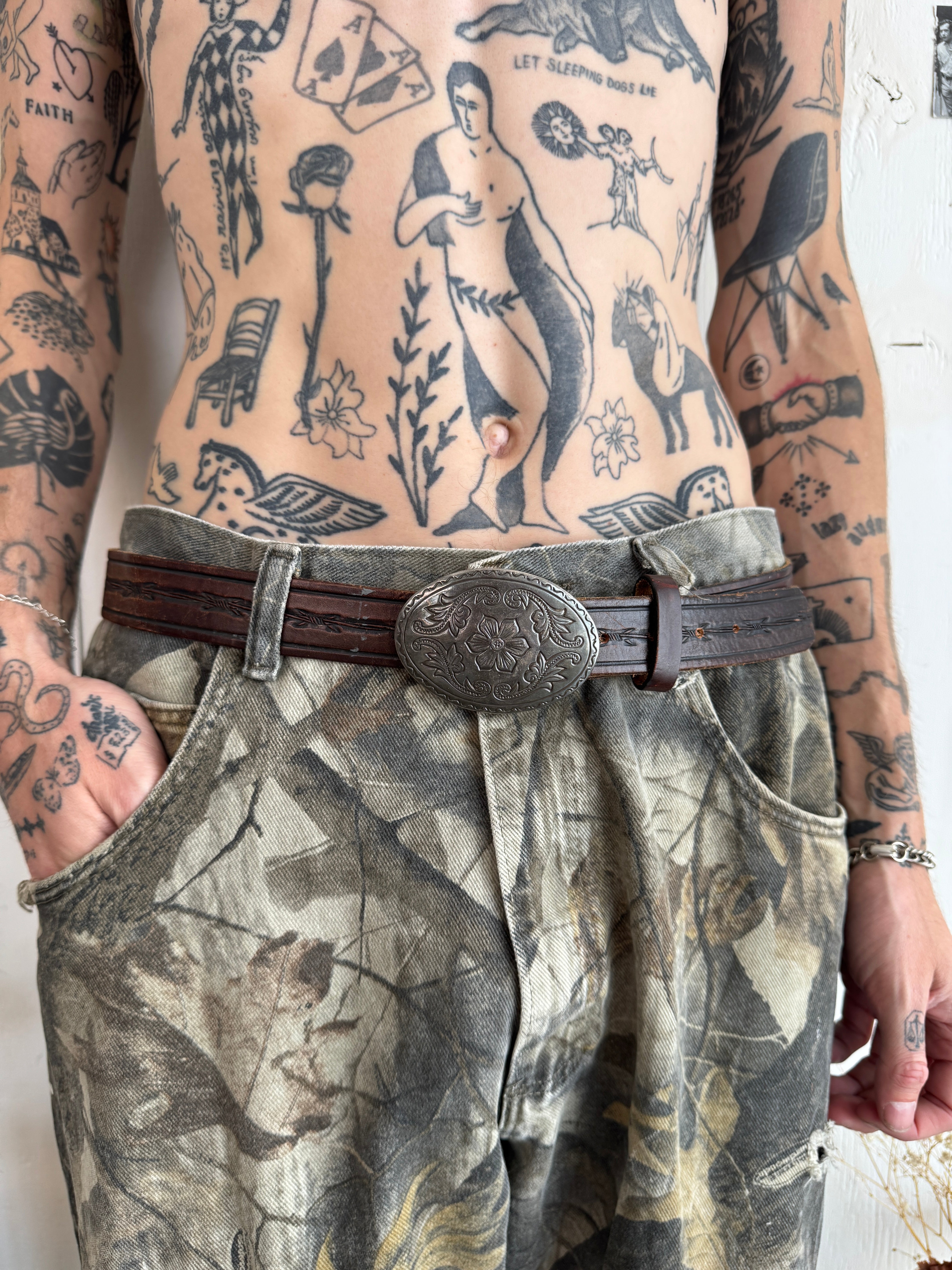 Barbed Wire Leather Belt W/ Folky Floral Buckle (32" - 38")